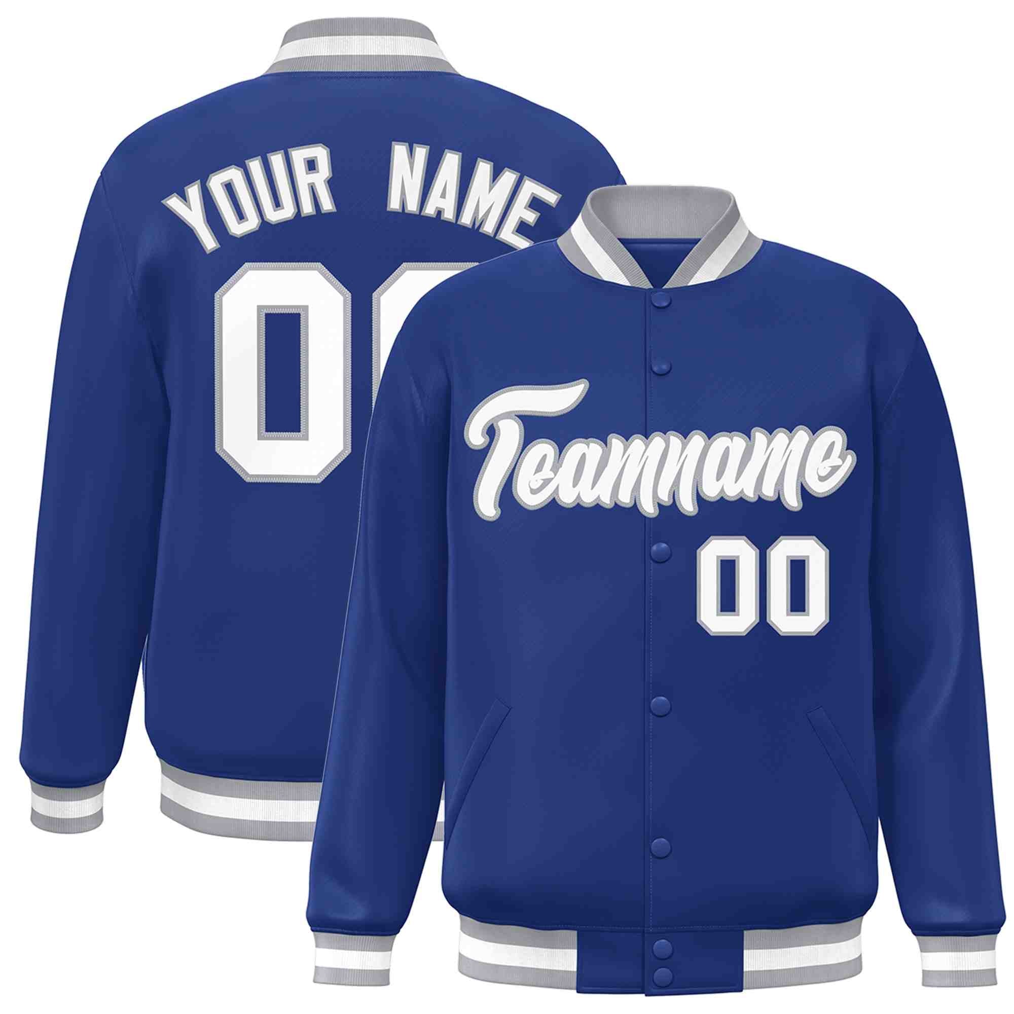 Custom Royal White-Gray Classic Style Varsity Full-Snap Letterman Jacket