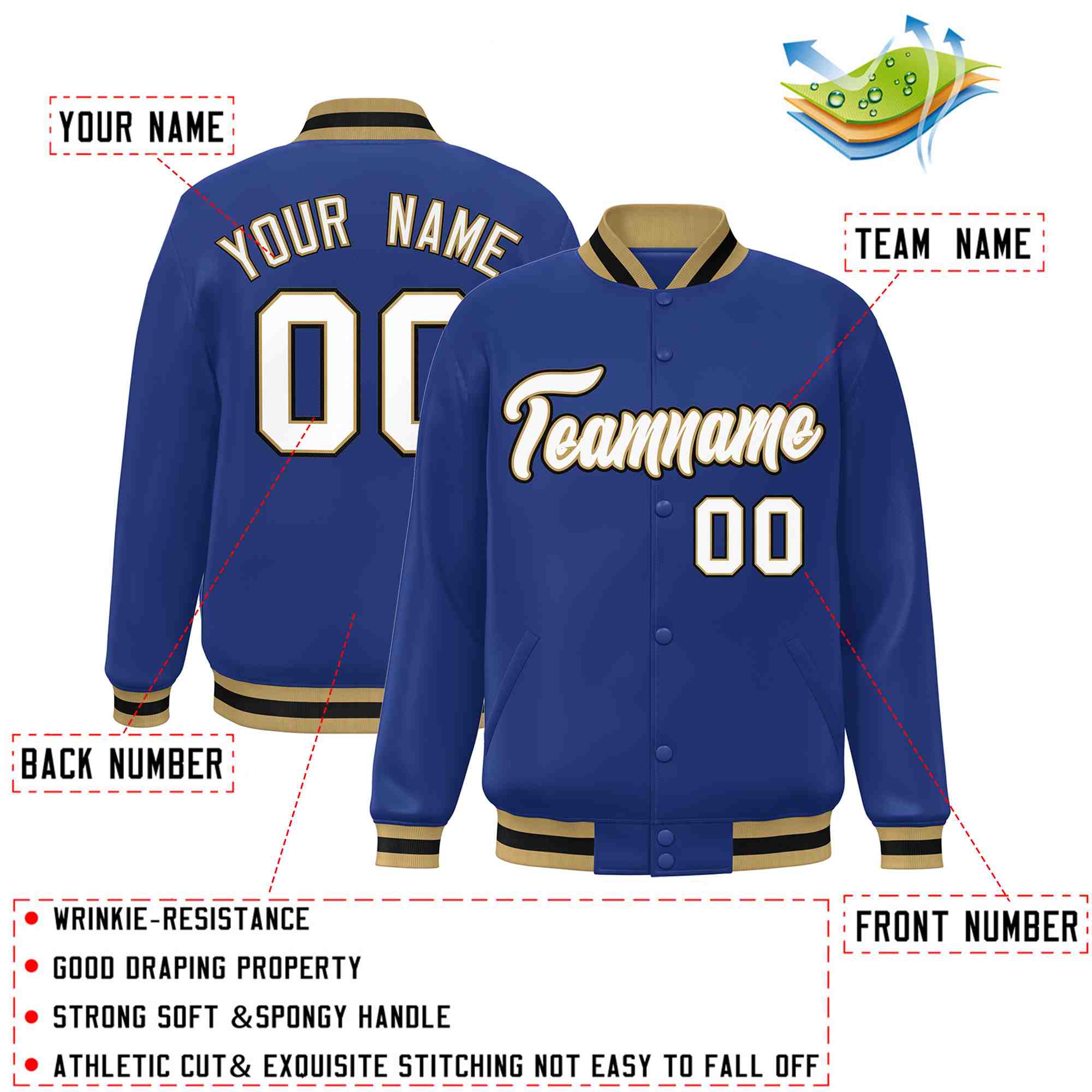Custom Royal White-Old Gold Classic Style Varsity Full-Snap Letterman Jacket