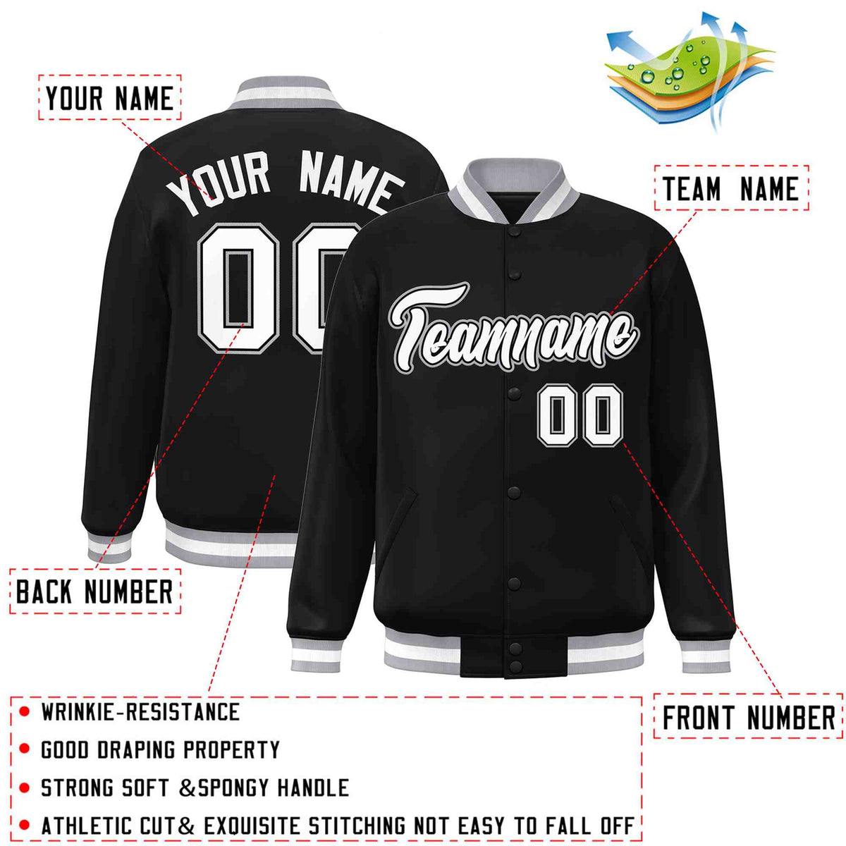 Custom White Black-Gray Classic Style Varsity Full-Snap Letterman Jacket | KXKSHOP