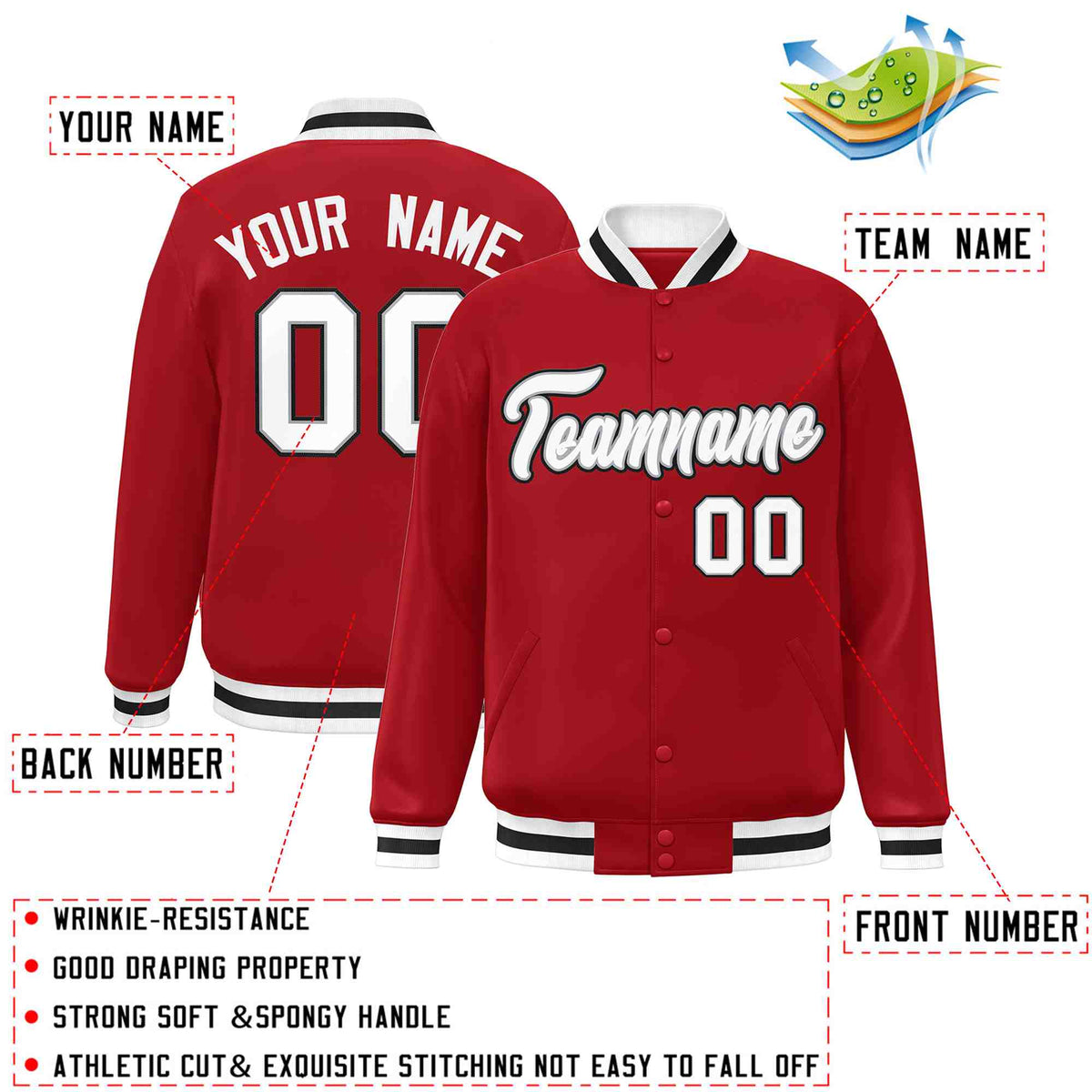 Custom Red White-Gray Classic Style Varsity Full-Snap Letterman Jacket