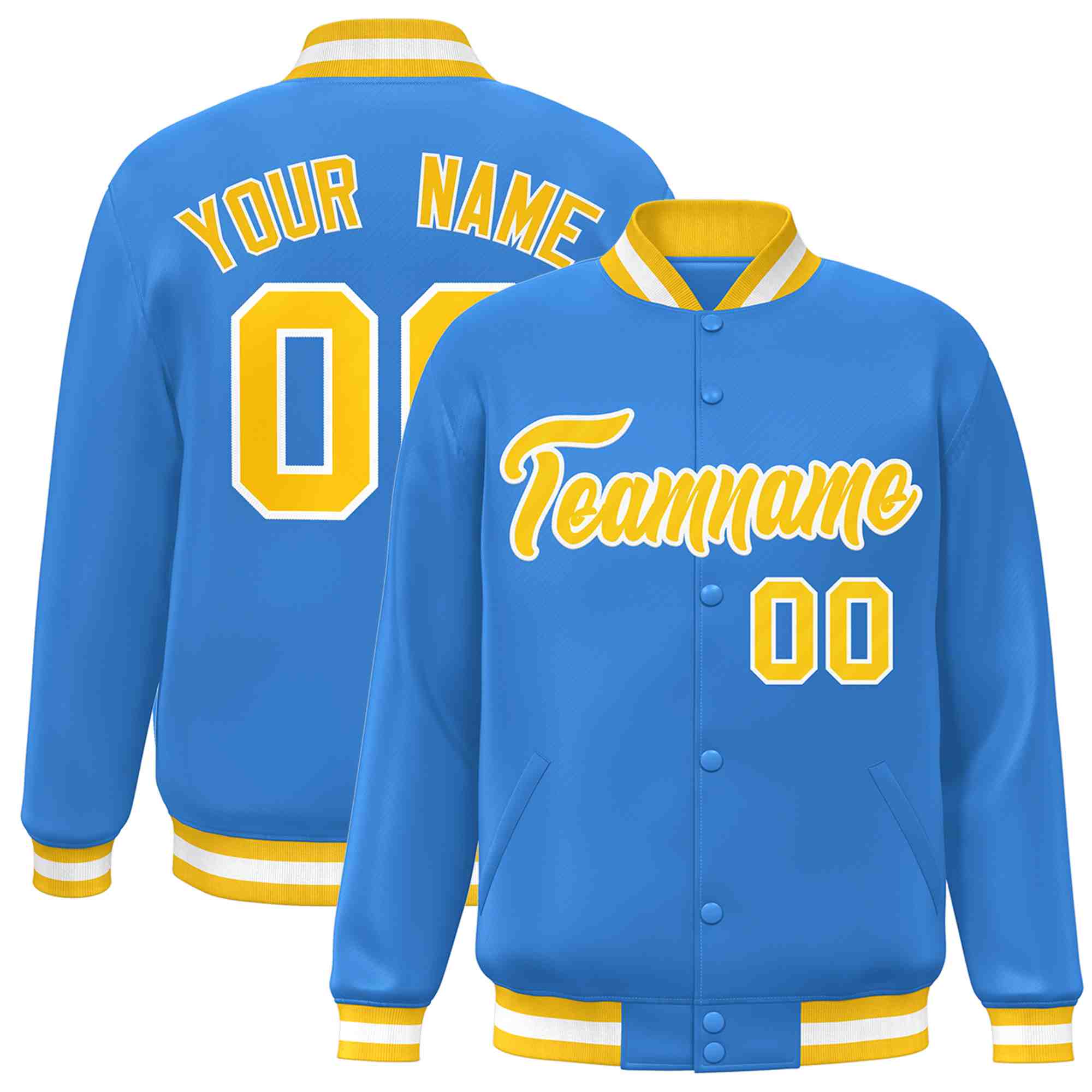 Custom Powder Blue Gold-White Classic Style Varsity Full-Snap Letterman Jacket