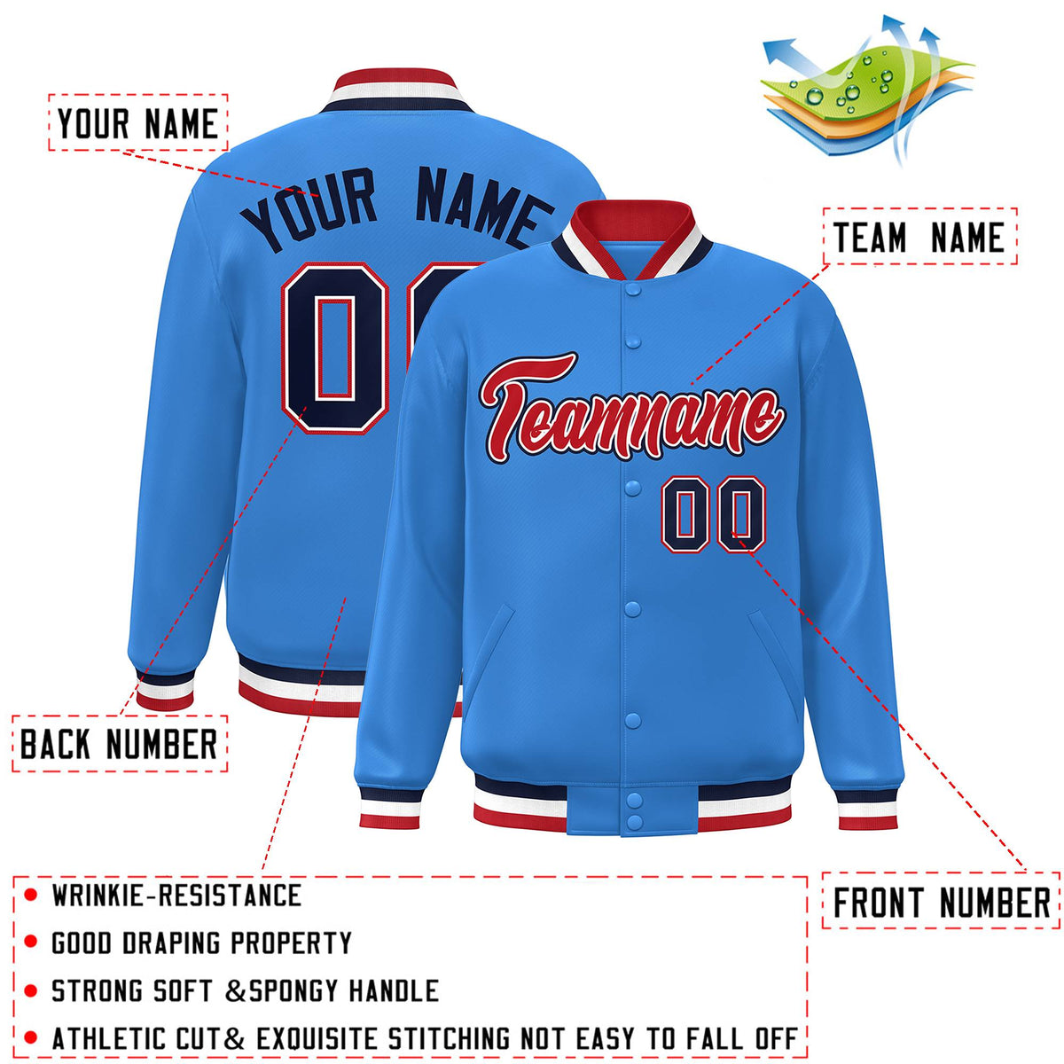 Custom Powder Blue Red-White Classic Style Varsity Full-Snap Letterman Jacket