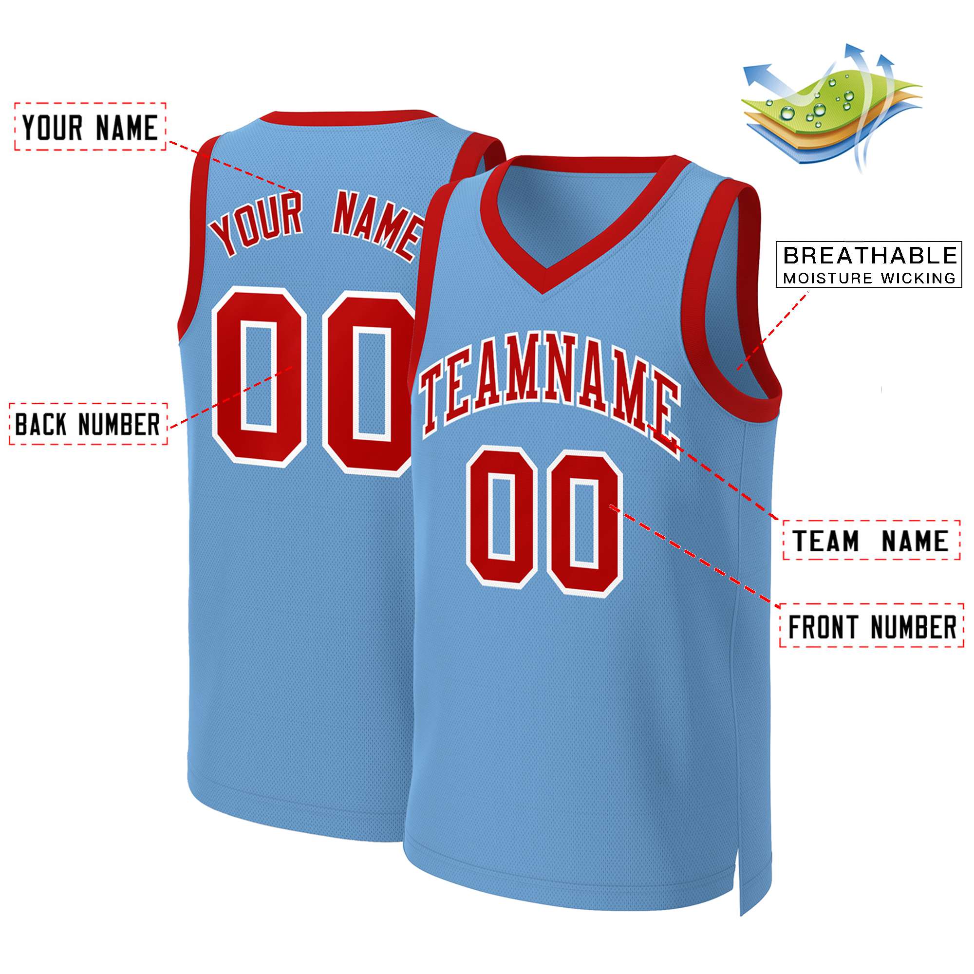 Custom Light Blue Red-White Classic Tops Basketball Jersey