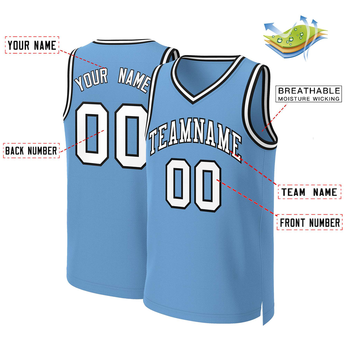 Custom Light Blue White-Black Classic Tops Basketball Jersey