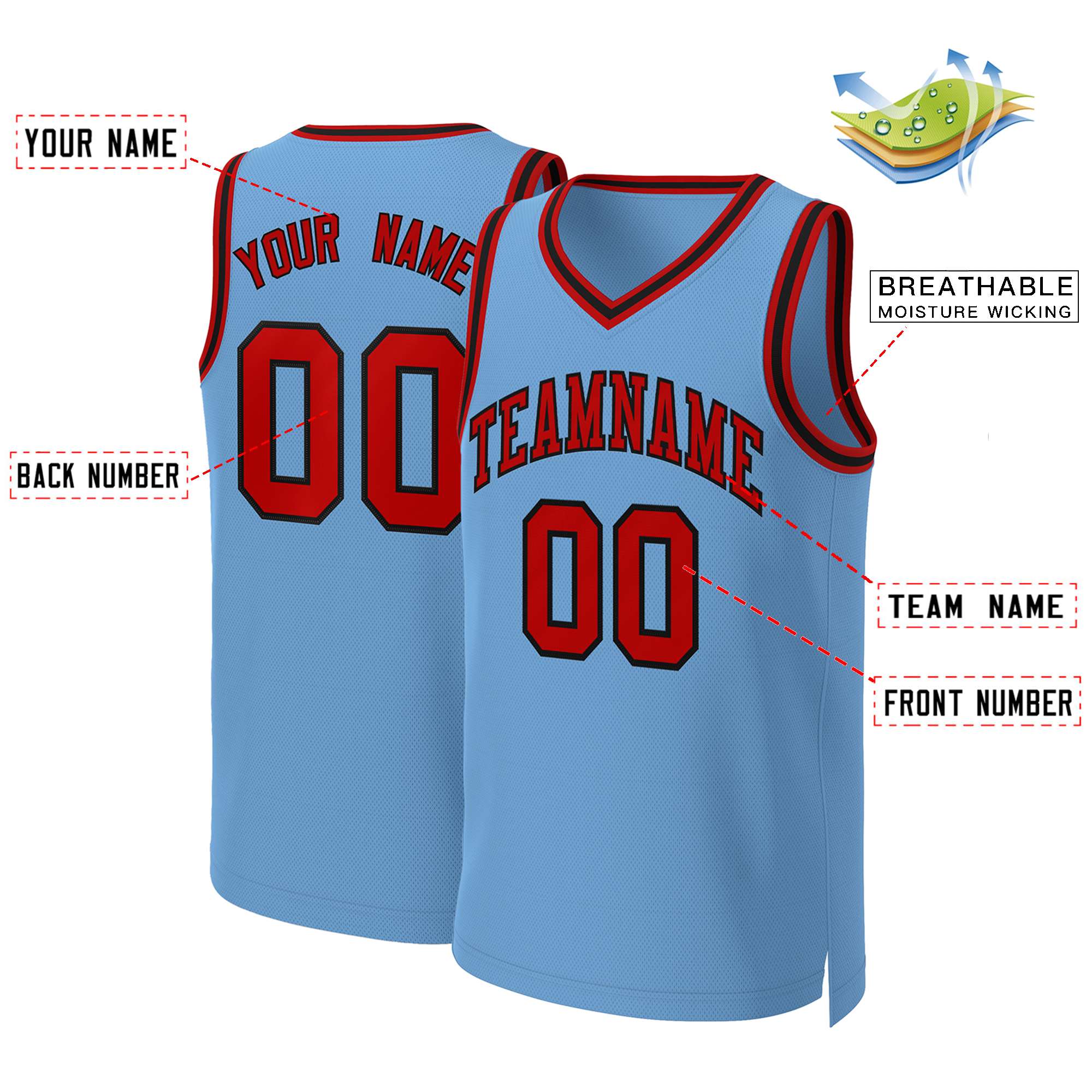 Custom Light Blue Red-Black Classic Tops Basketball Jersey