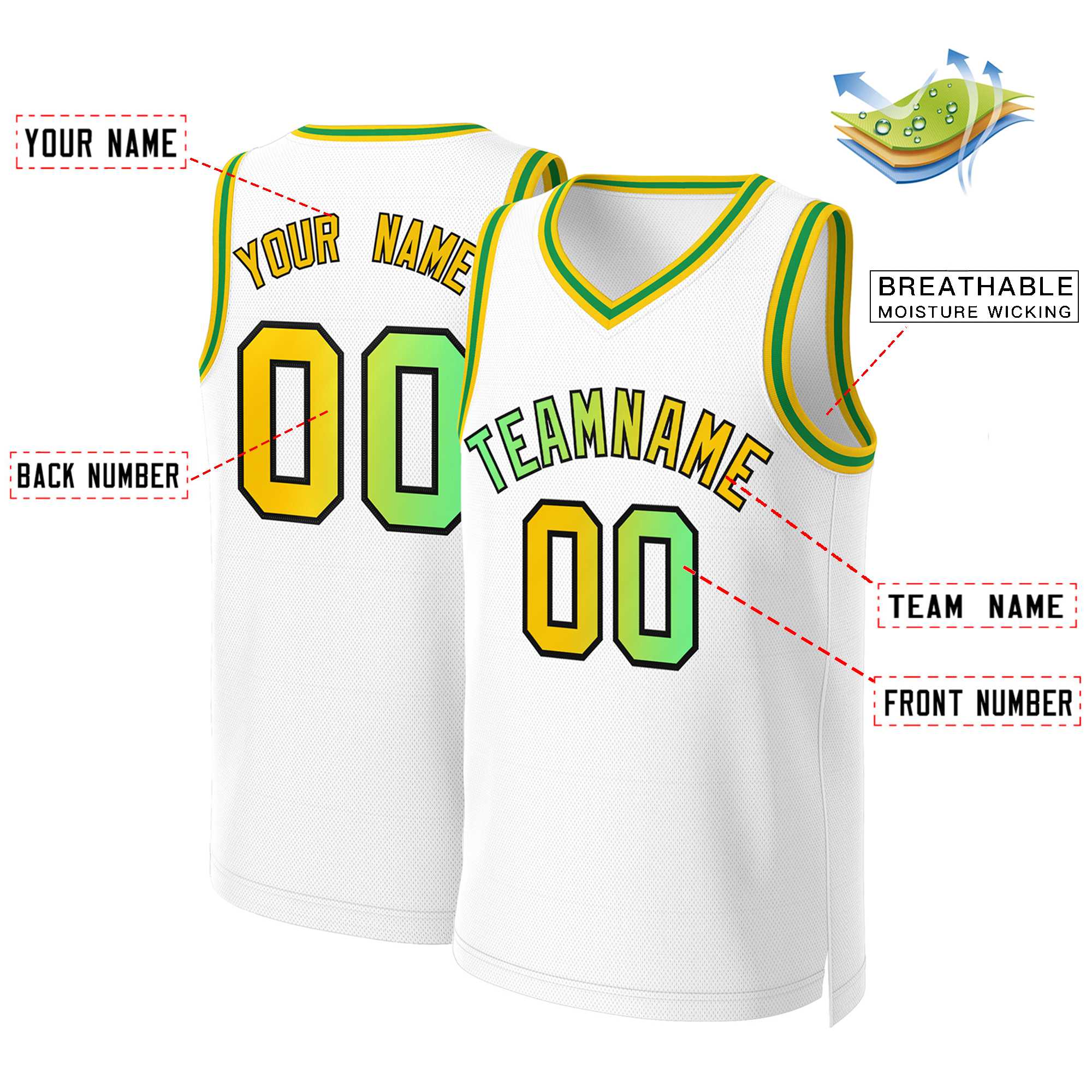Maillot de basket-ball personnalisé à dégradé classique blanc vert-noir