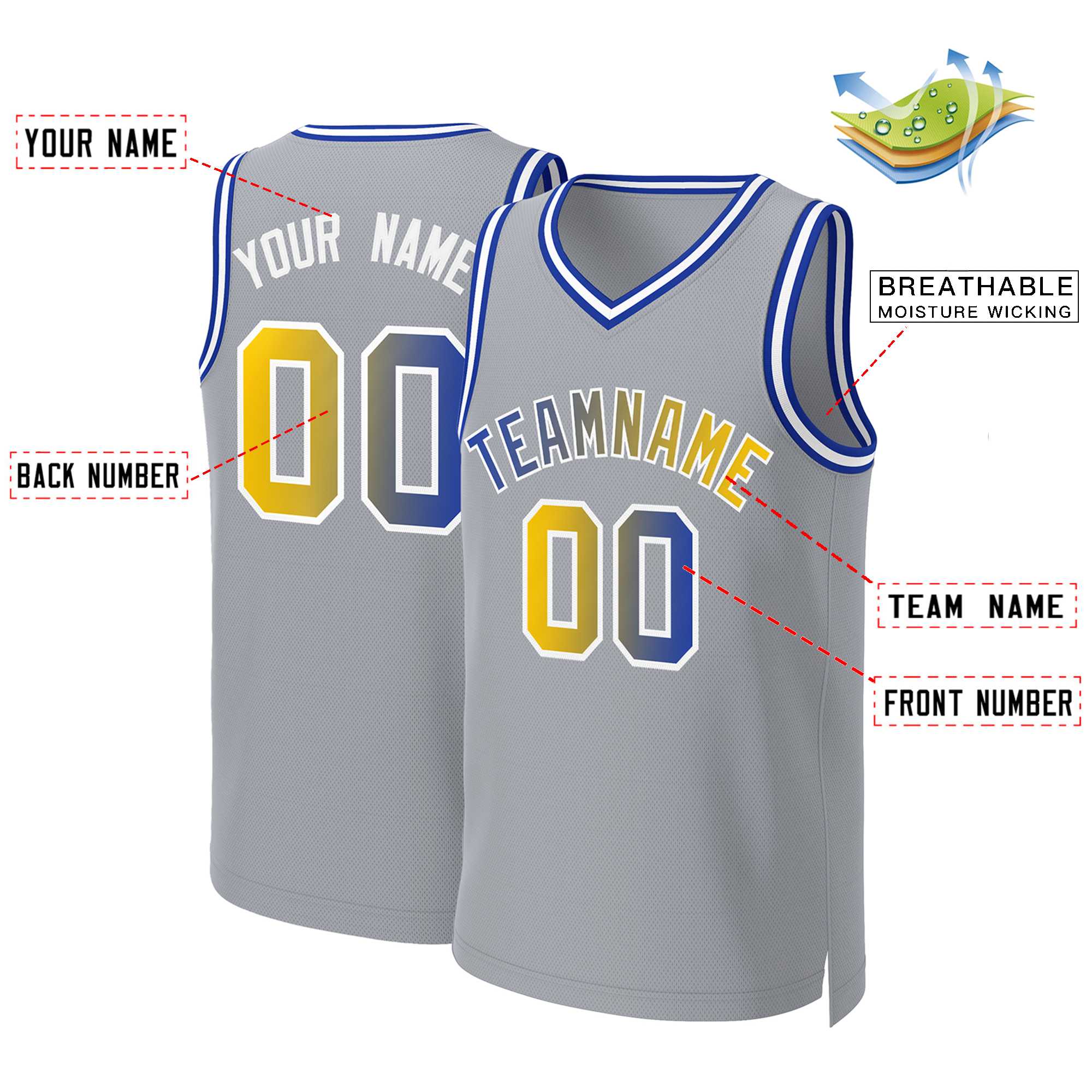 Maillot de basket-ball personnalisé gris royal-blanc classique dégradé à la mode