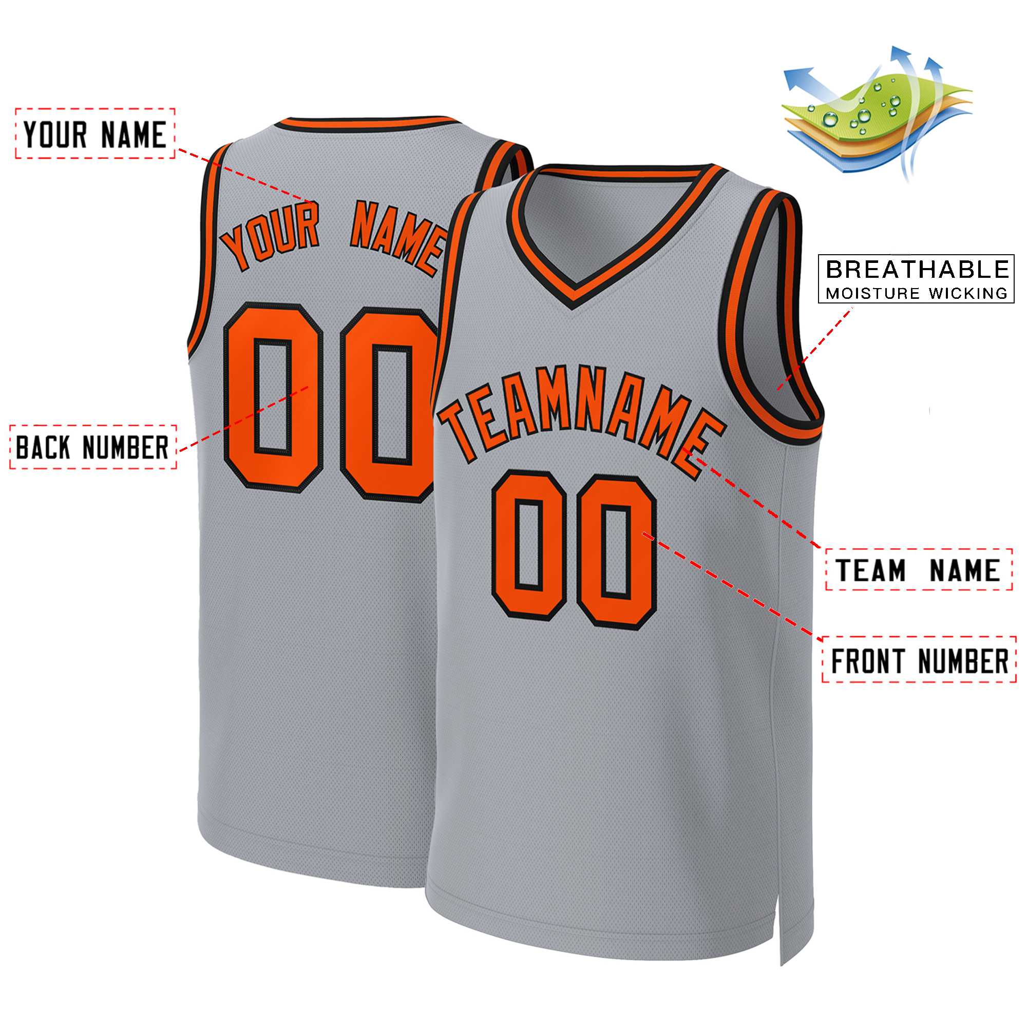 Benutzerdefinierte grau orange-schwarz Classic Tops Basketball Jersey