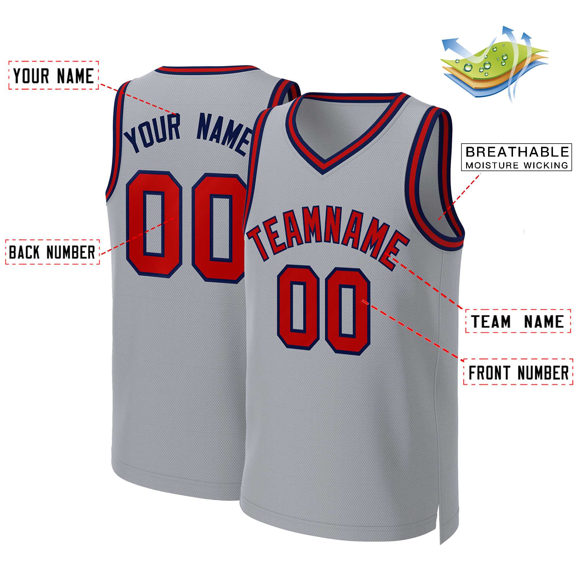 Benutzerdefinierte grau rot-marineblau Classic Tops Basketball Jersey