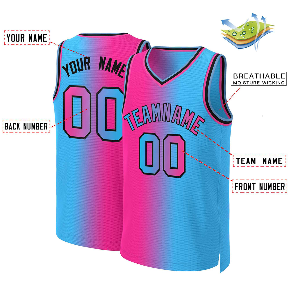 Maillot de basket-ball personnalisé dégradé rose bleu-noir