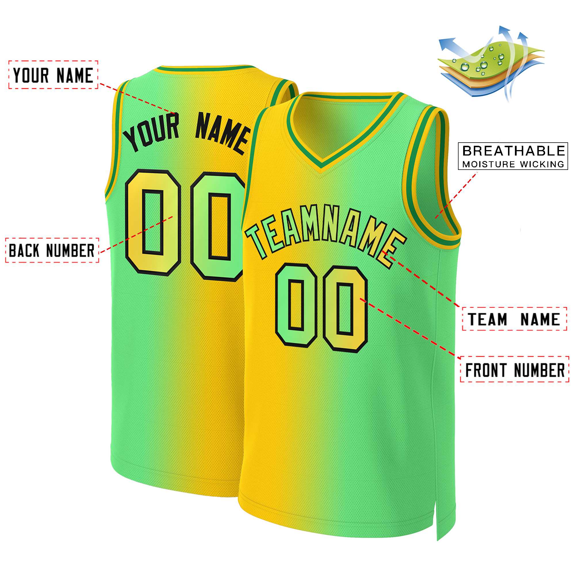 Maillot de basket-ball personnalisé jaune fluo vert-noir dégradé