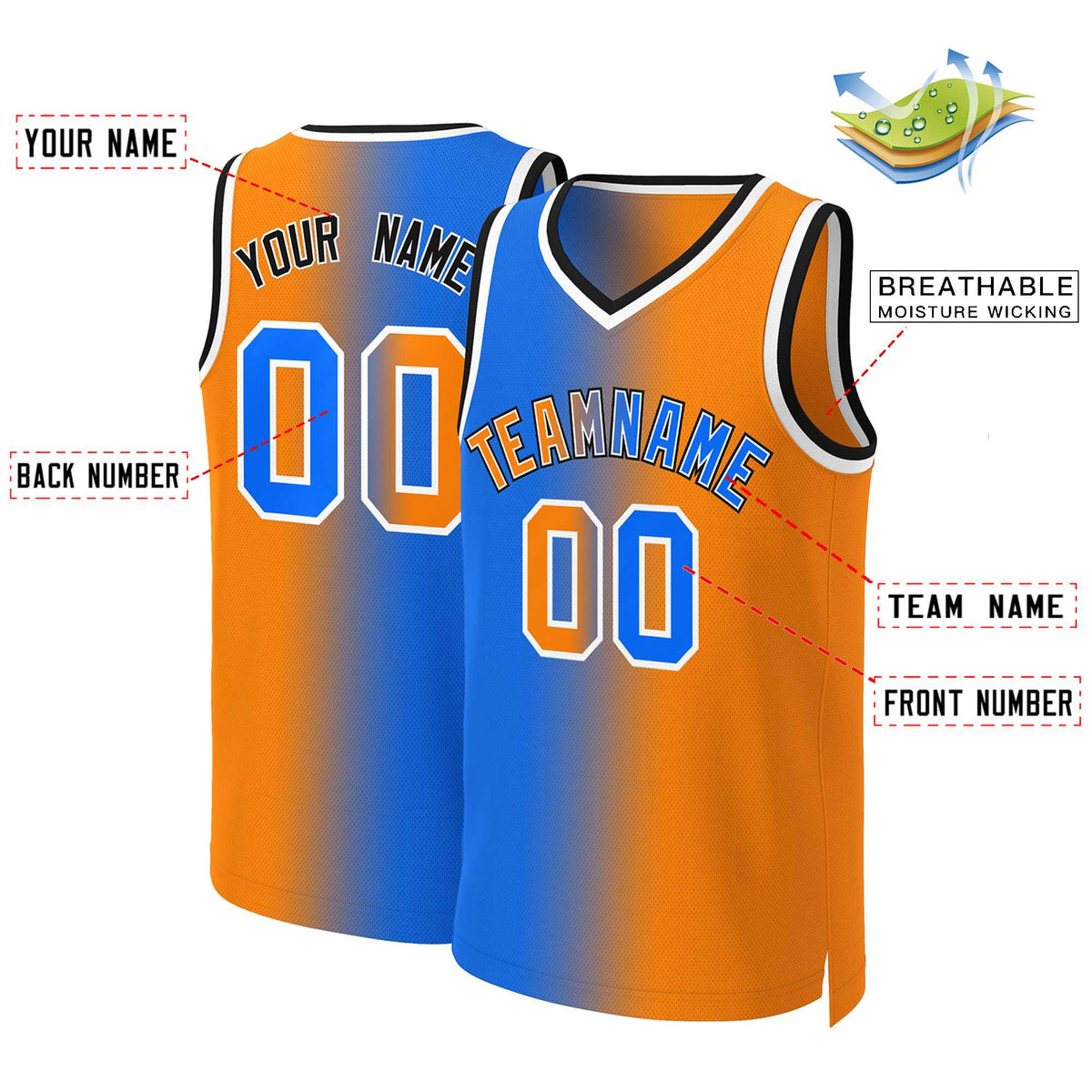 Maillot de basket-ball personnalisé dégradé bleu orange-blanc