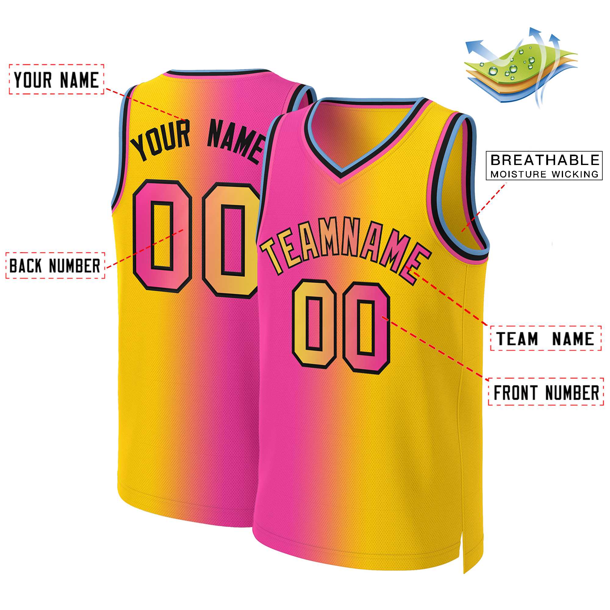 Maillot de basket-ball personnalisé dégradé rose jaune-noir