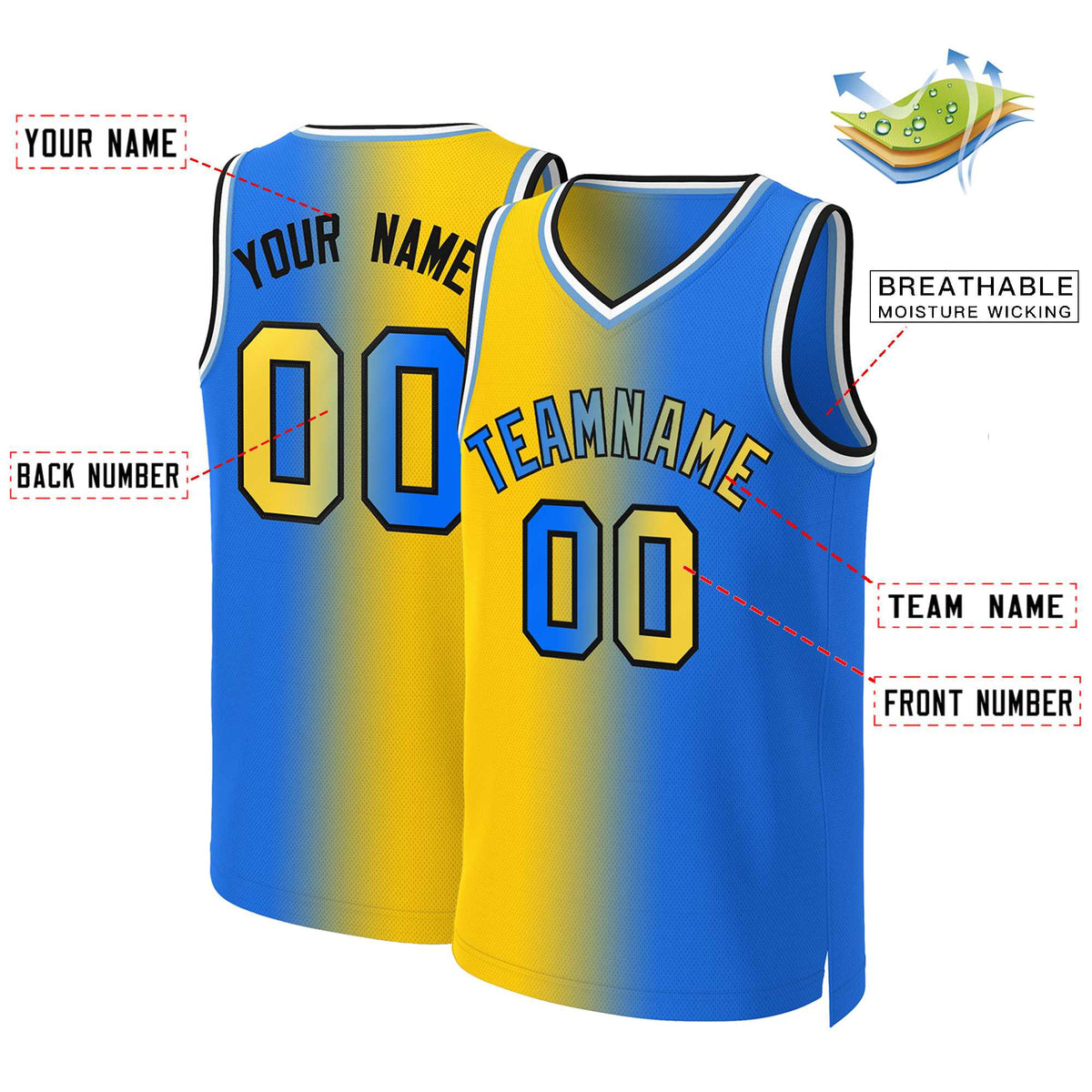 Maillot de basket-ball personnalisé dégradé jaune bleu-noir
