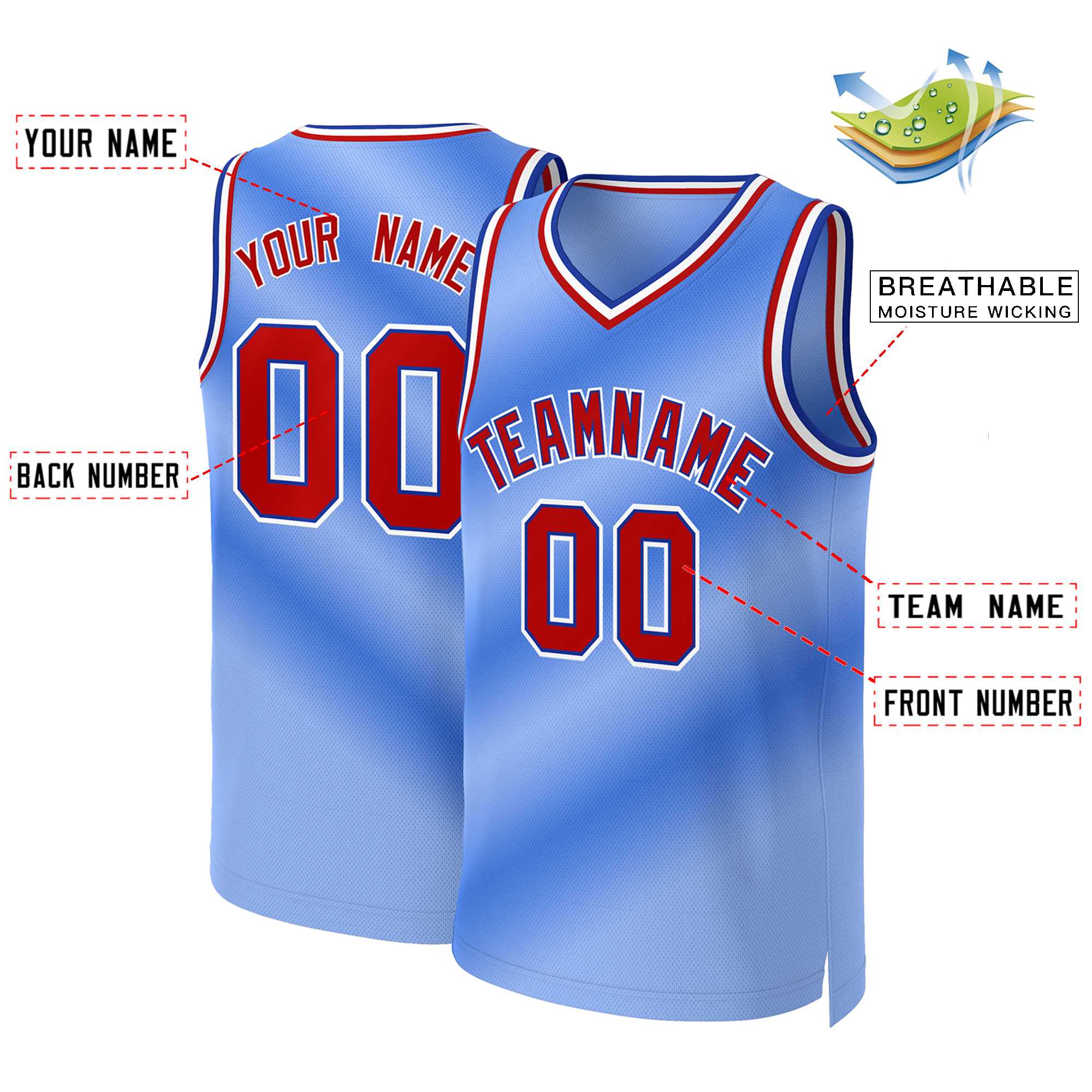 Maillot de basket-ball personnalisé dégradé bleu clair, rouge et bleu roi