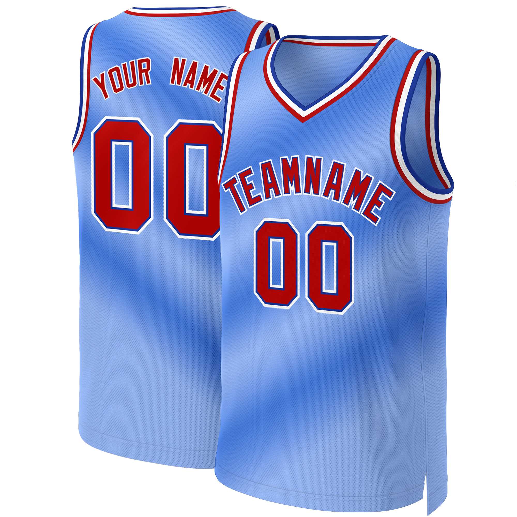 Maillot de basket-ball personnalisé dégradé bleu clair, rouge et bleu roi