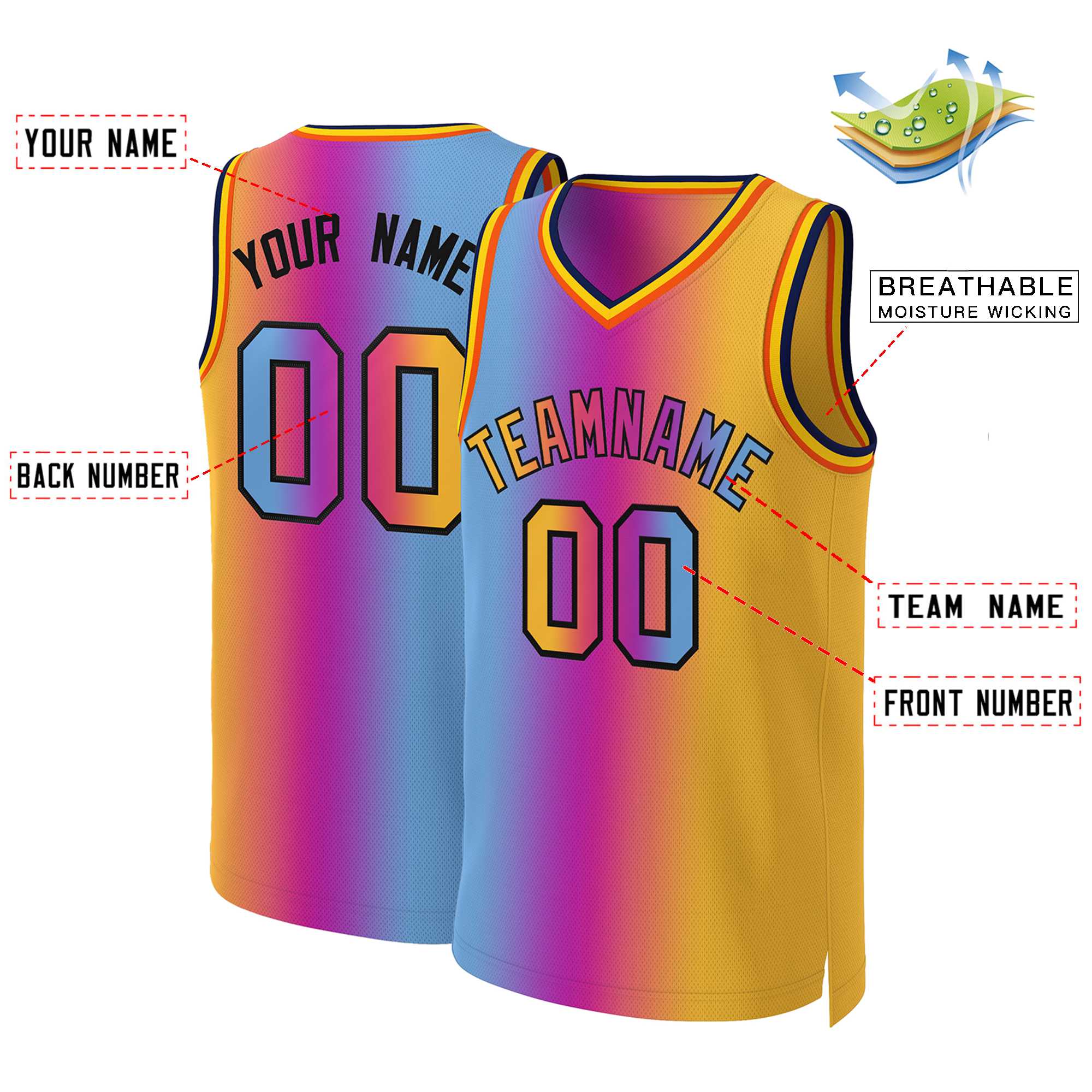 Maillot de basket-ball personnalisé dégradé rose jaune-noir