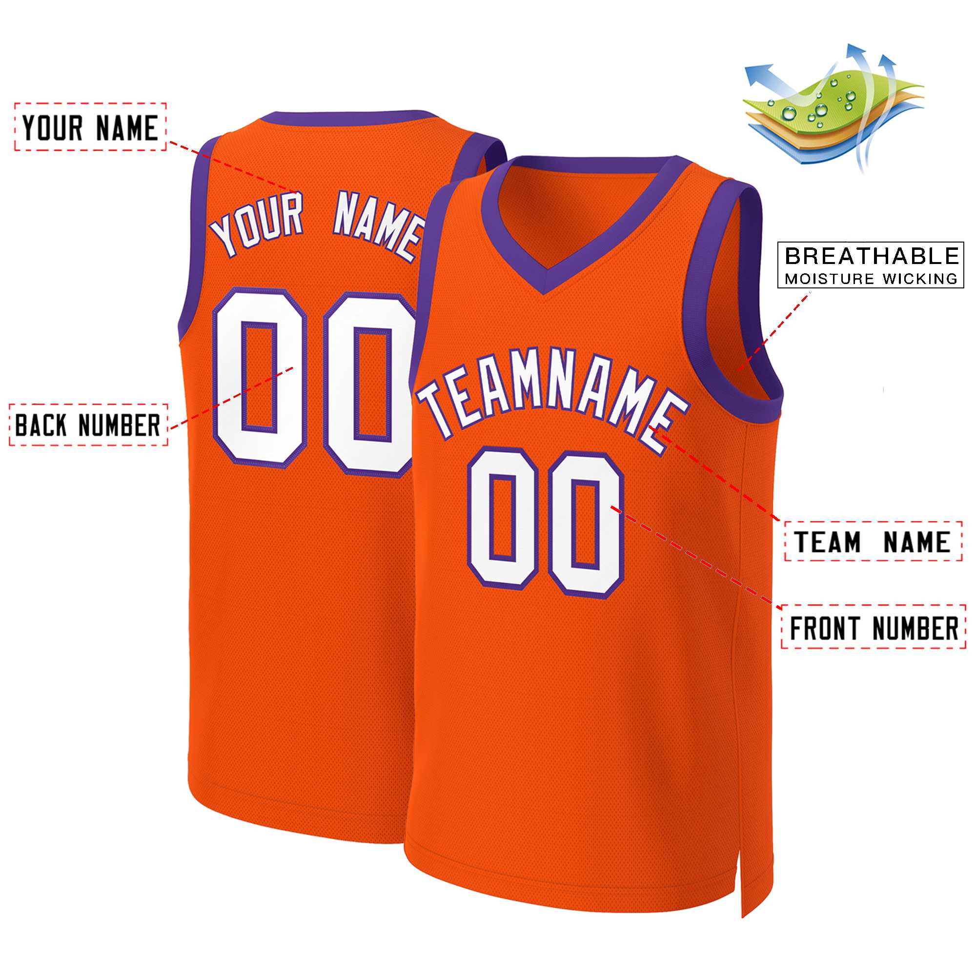 Benutzerdefinierte Orange Weiß-Lila Klassische Tops Basketball Jersey