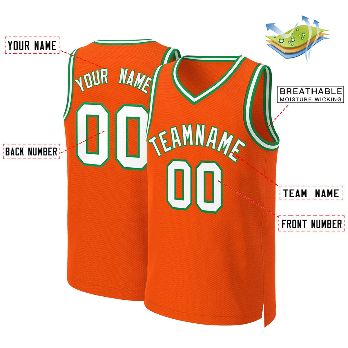 Benutzerdefinierte Orange Weiß-Kelly Grün Klassische Tops Basketball Jersey
