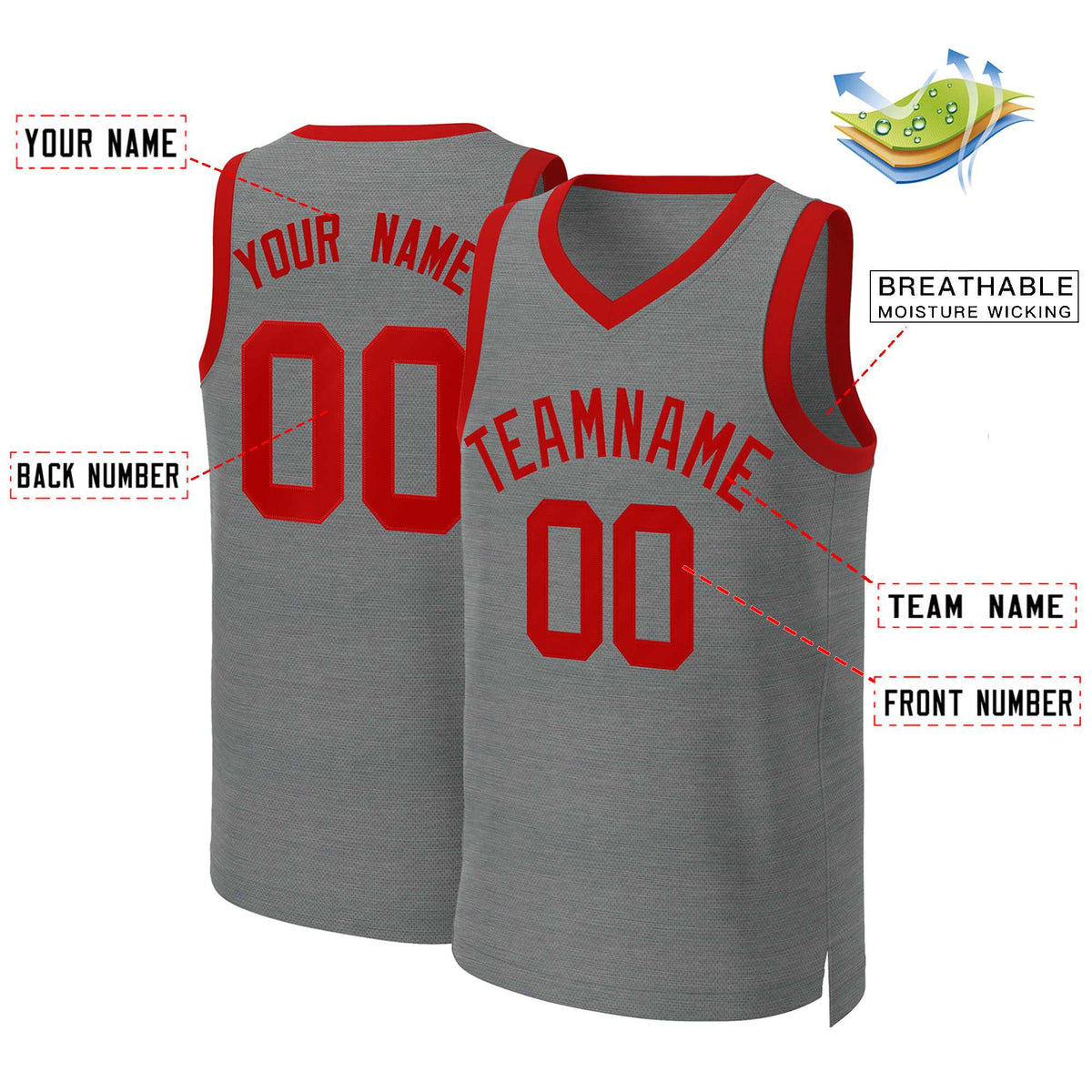 Benutzerdefinierte dunkelgrau rot Classic Tops Basketball Jersey