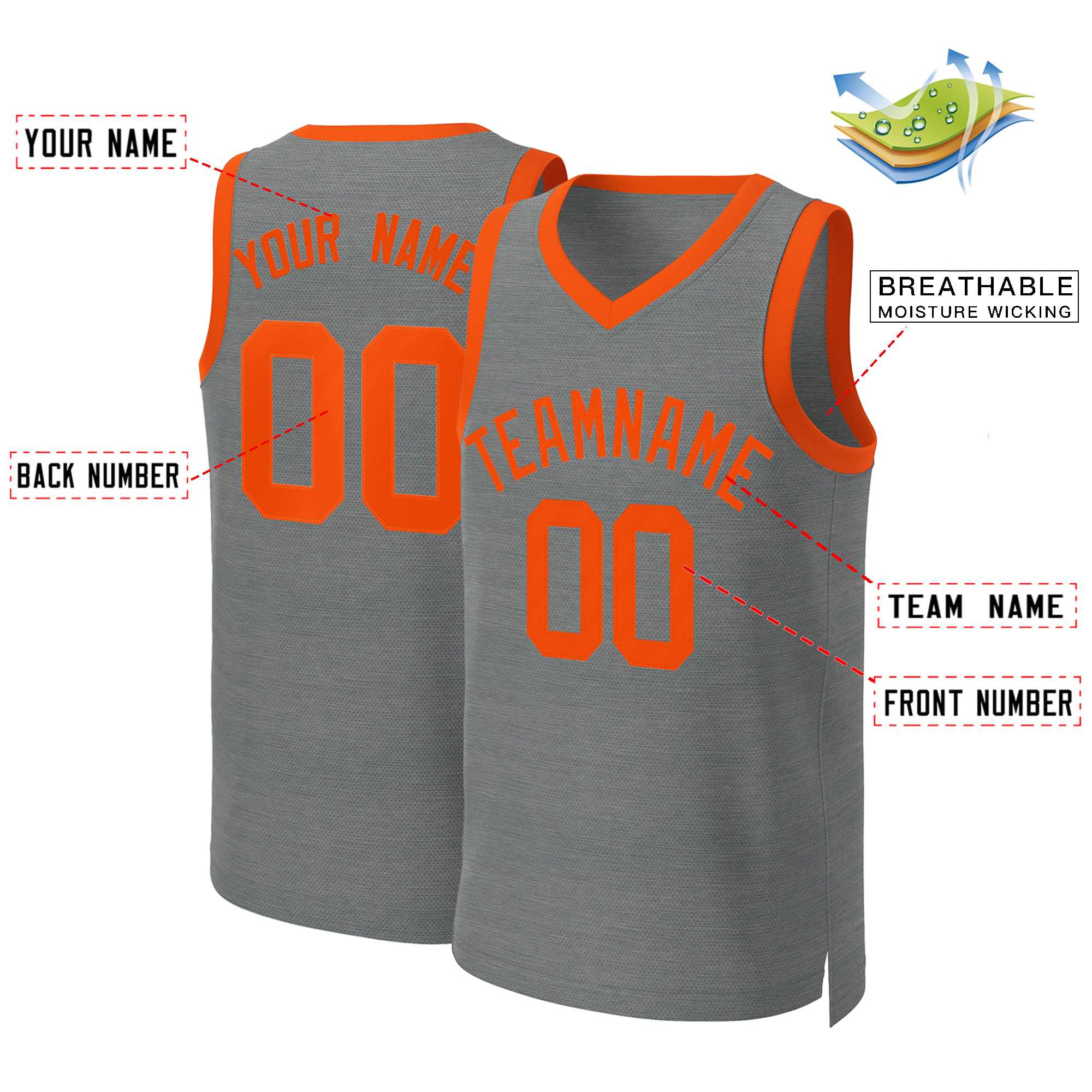 Maillot de basket-ball classique personnalisé gris foncé orange