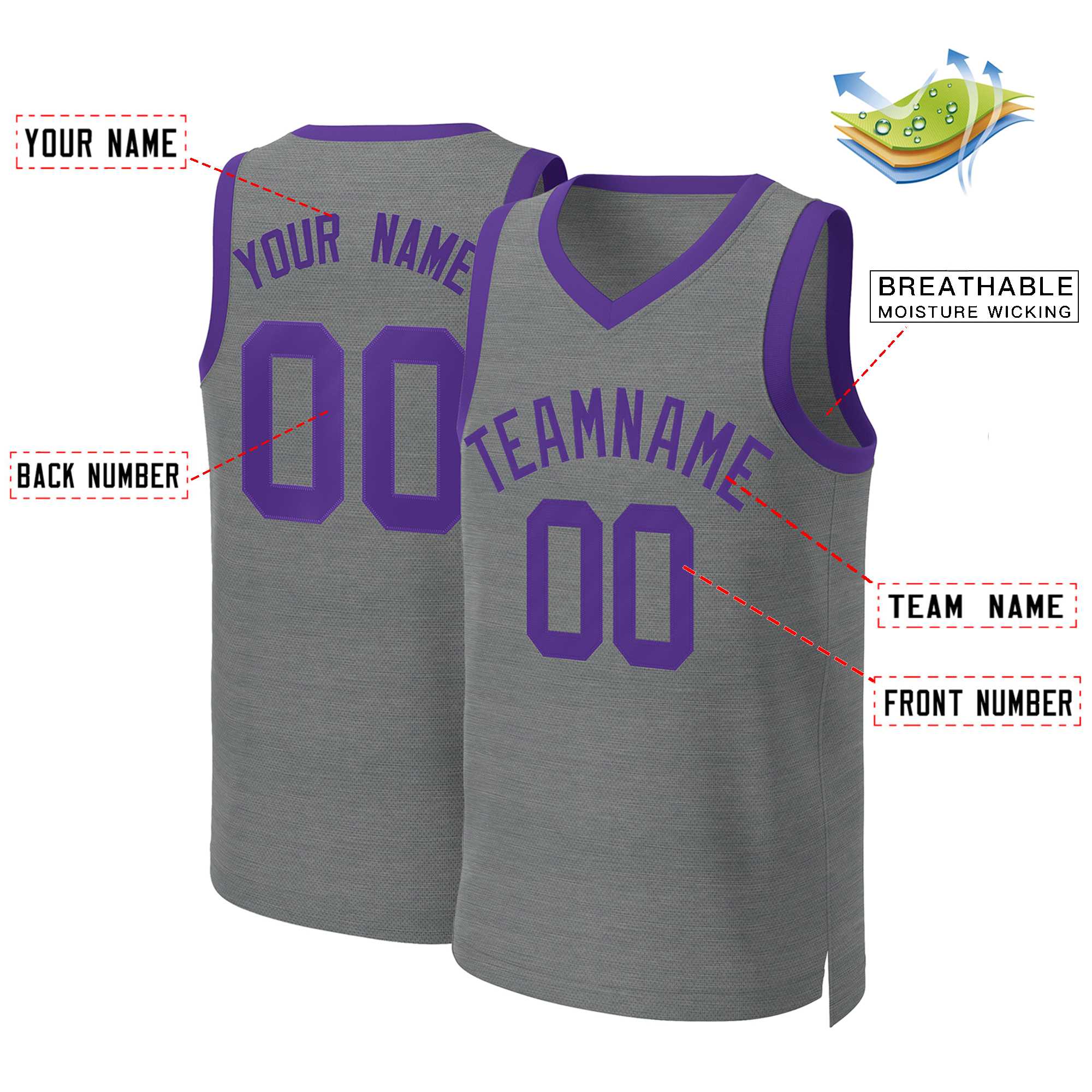 Benutzerdefinierte dunkelgrau lila Classic Tops Basketball Jersey