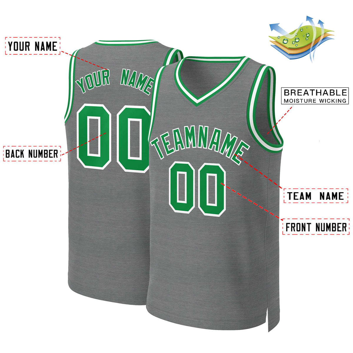 Benutzerdefinierte dunkelgrau Kelly Grün-Weiß Classic Tops Basketball Jersey