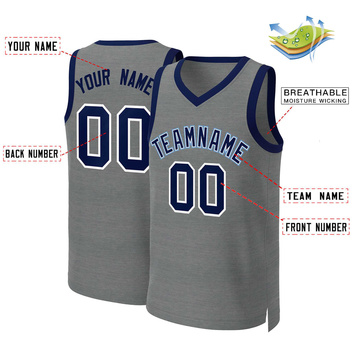 Benutzerdefinierte dunkelgrau Marine-weiß Classic Tops Basketball Jersey