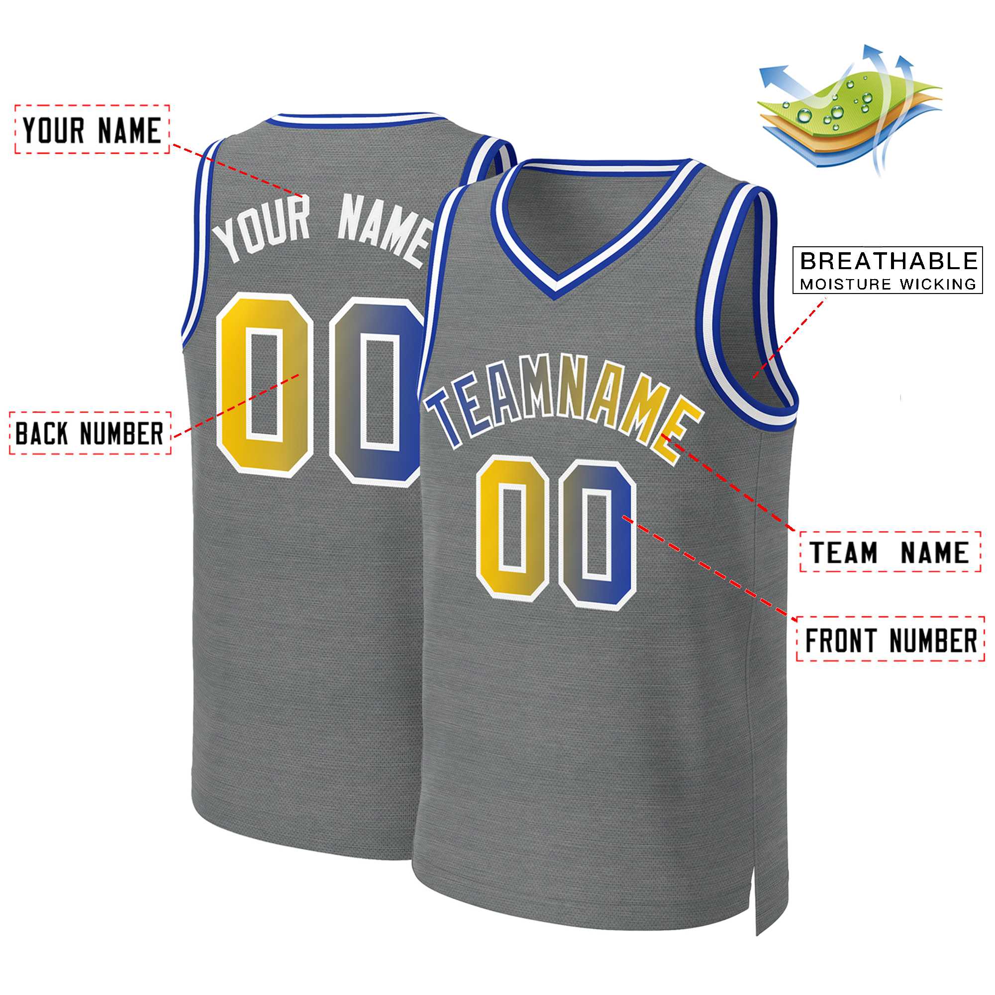 Maillot de basket-ball personnalisé gris foncé, bleu royal et blanc, dégradé classique, à la mode