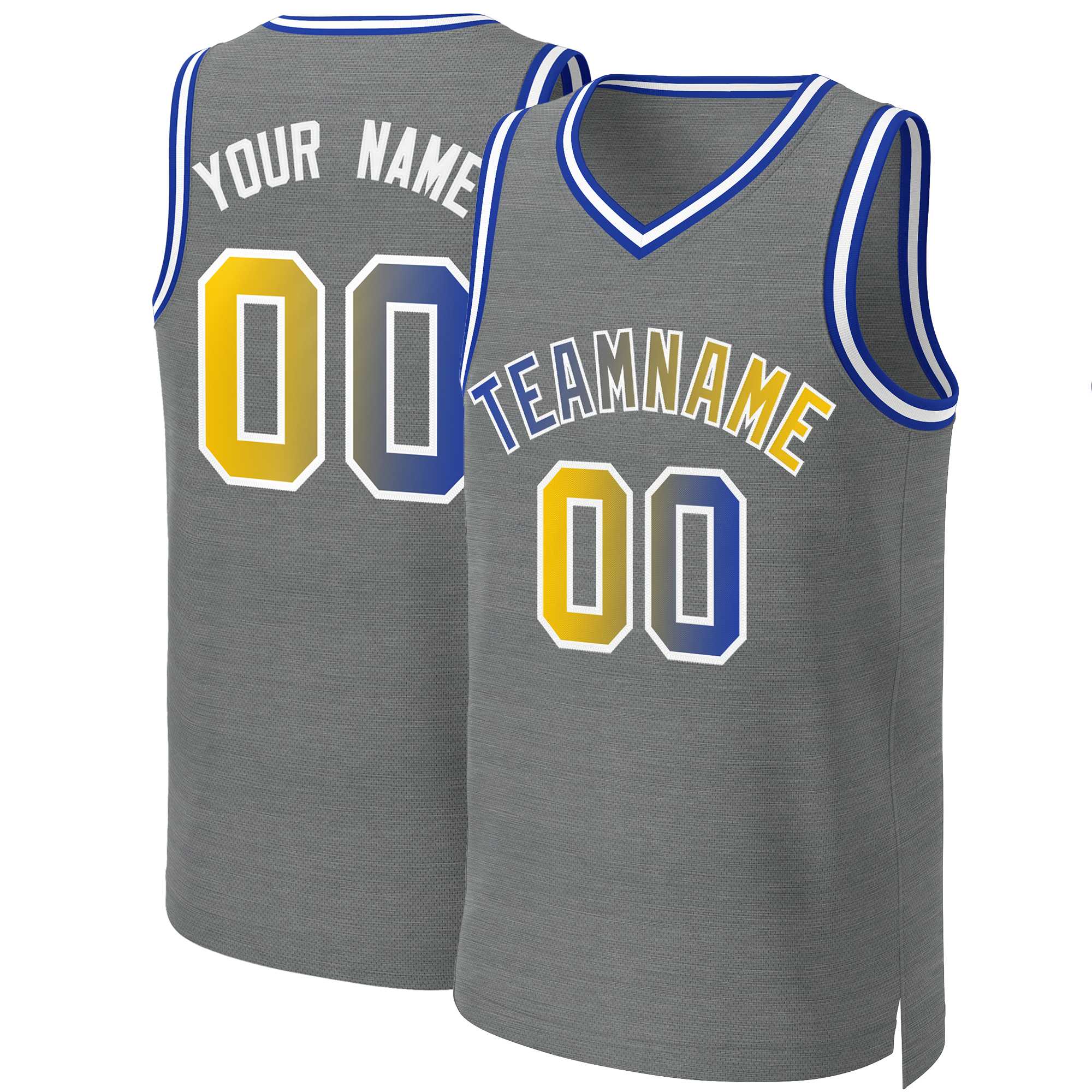 Maillot de basket-ball personnalisé gris foncé, bleu royal et blanc, dégradé classique, à la mode