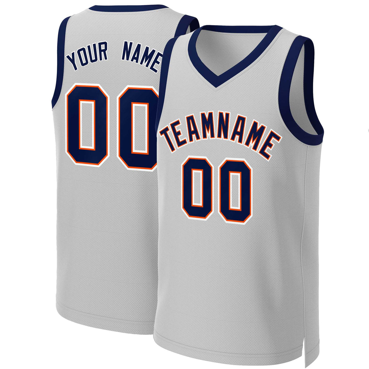 Maillot de basket-ball classique gris bleu marine et orange personnalisé