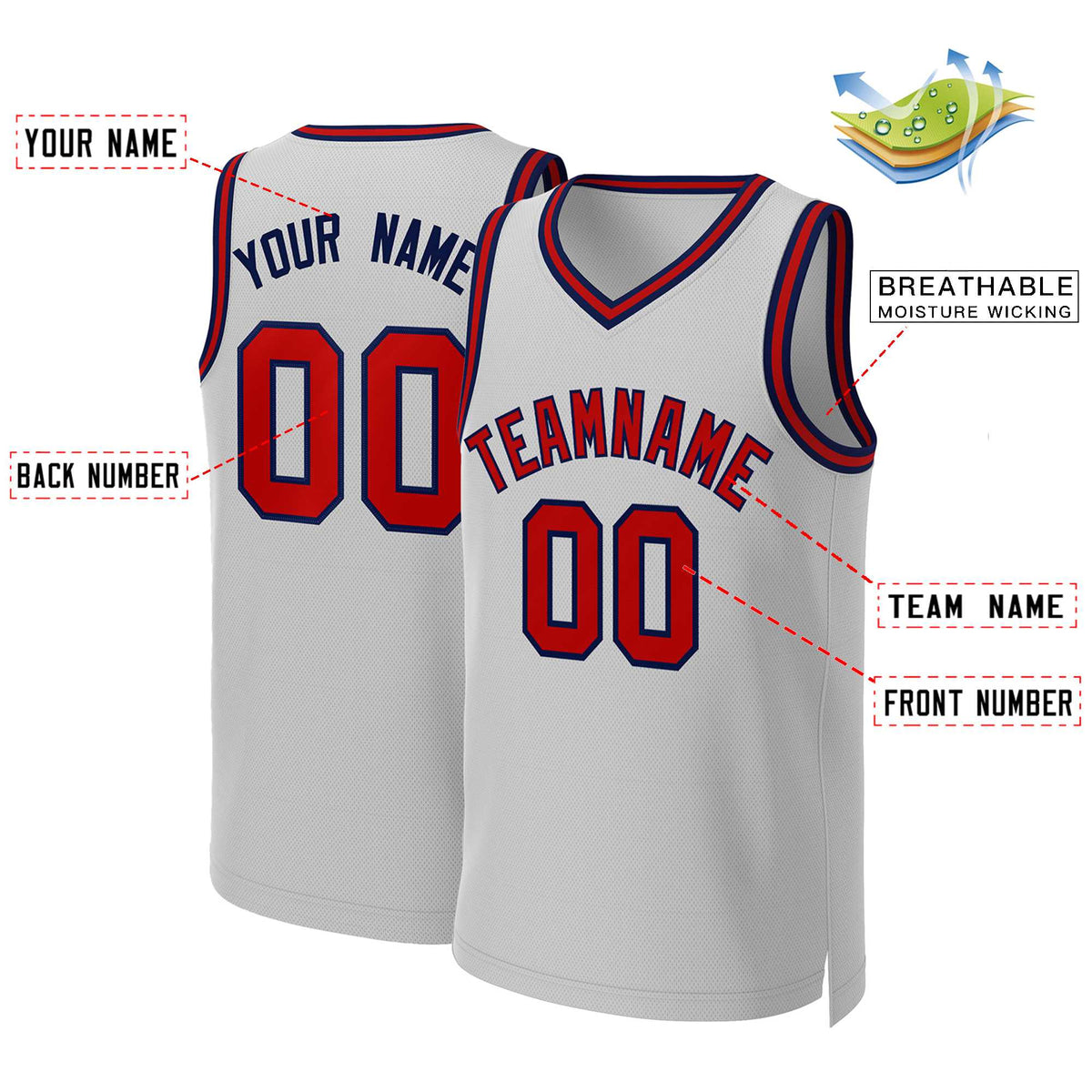 Maillot de basket-ball classique gris rouge-bleu marine personnalisé