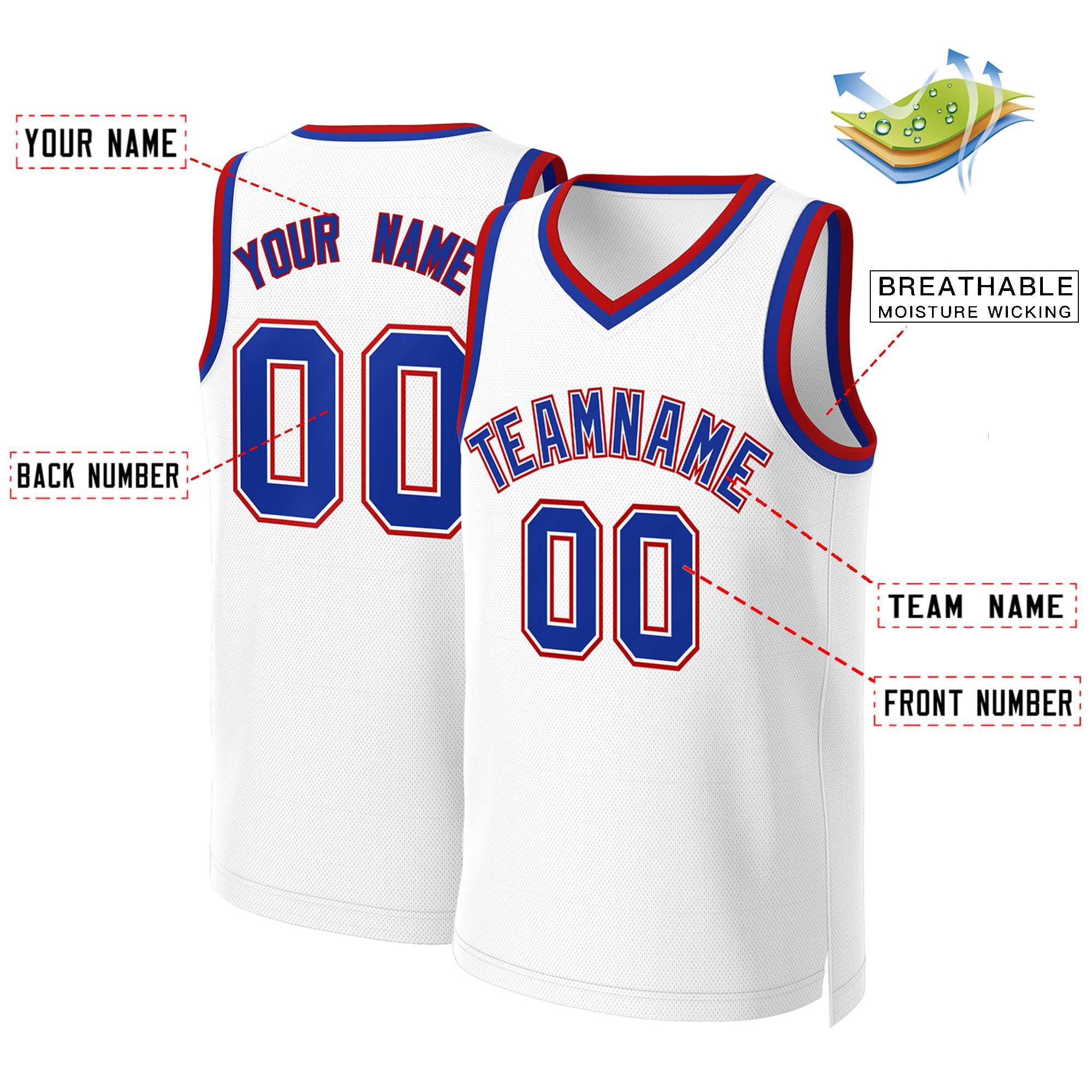 Maillot de basket-ball classique blanc royal personnalisé