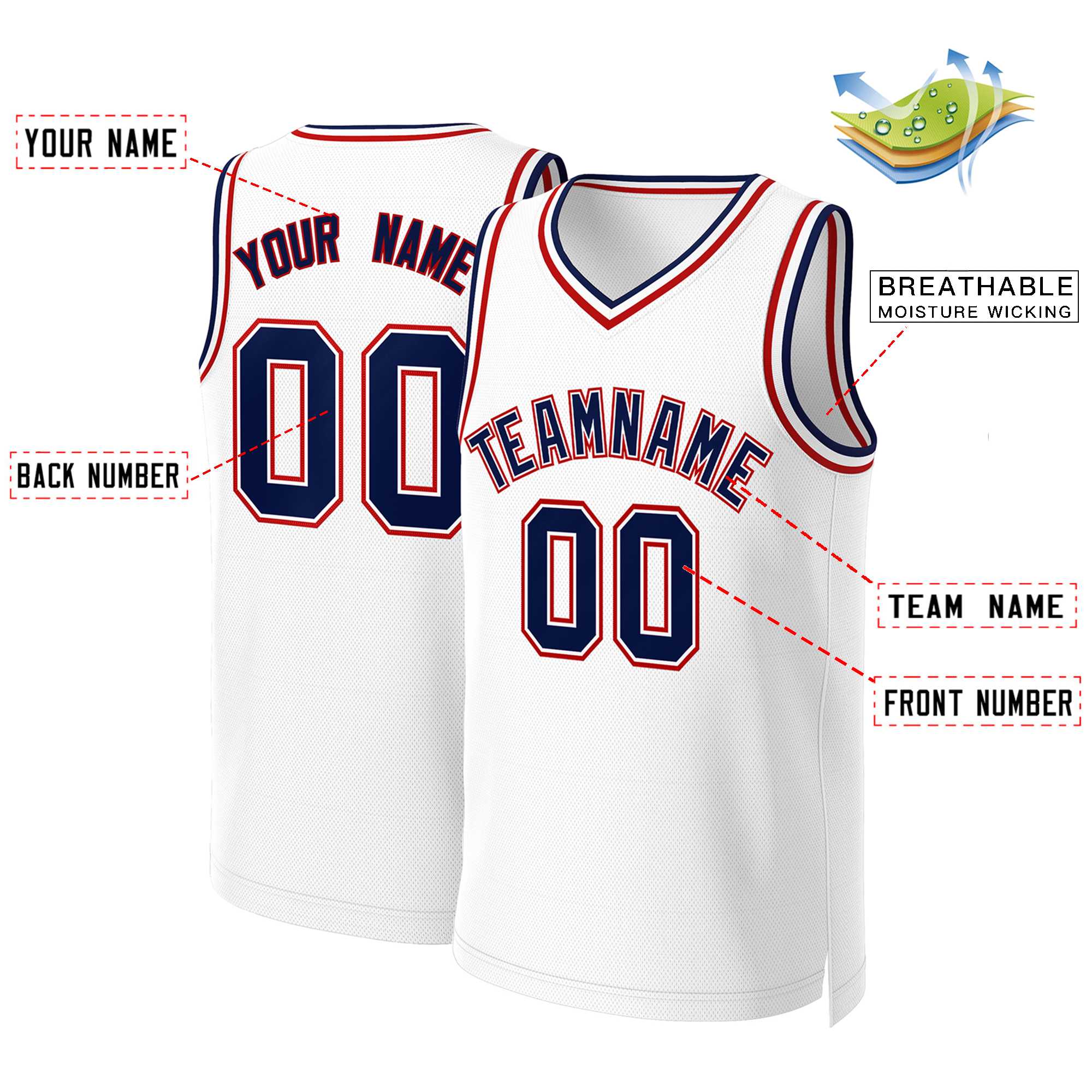 Maillot de basket-ball classique personnalisé blanc bleu marine et blanc