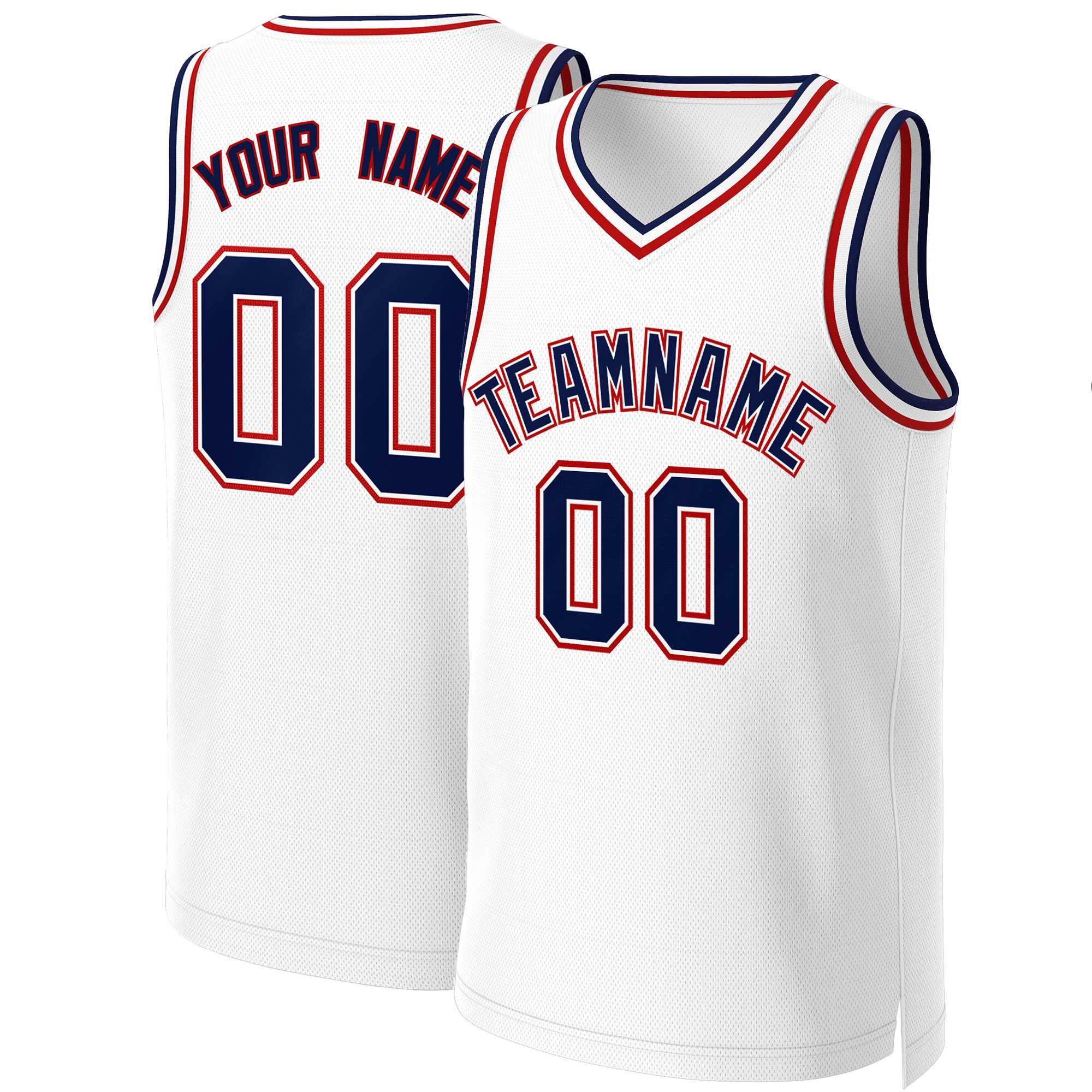 Maillot de basket-ball classique personnalisé blanc bleu marine et blanc