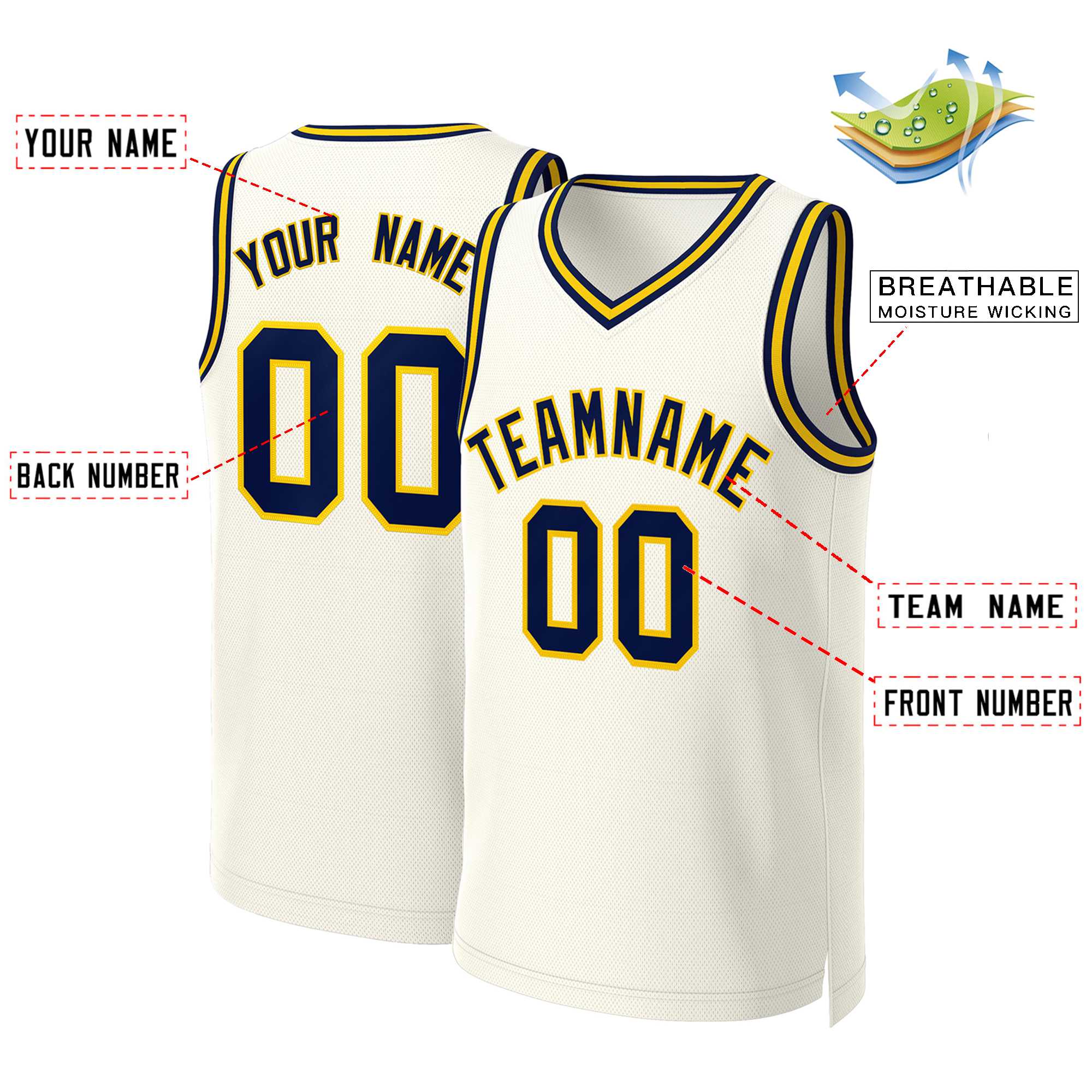 Maillot de basket-ball classique personnalisé kaki bleu marine et jaune