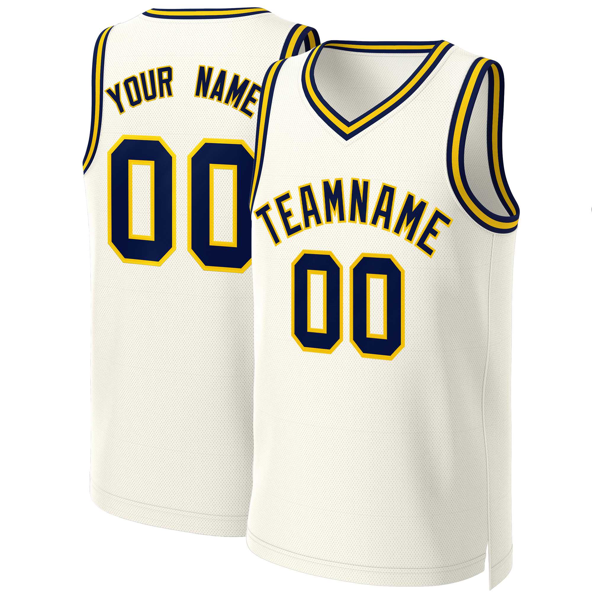 Maillot de basket-ball classique personnalisé kaki bleu marine et jaune