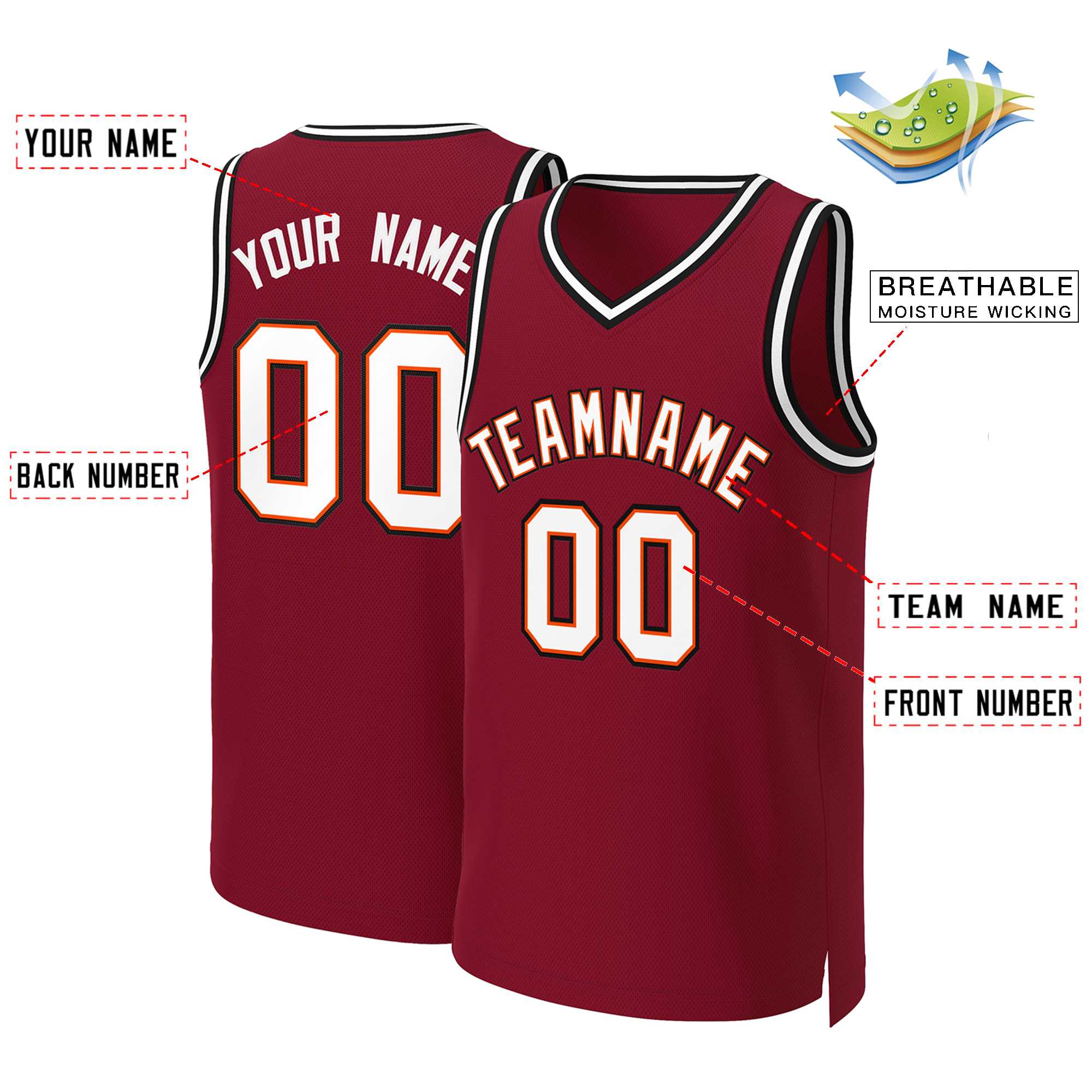 Benutzerdefinierte Maroon Weiß-Orange Classic Tops Basketball Jersey