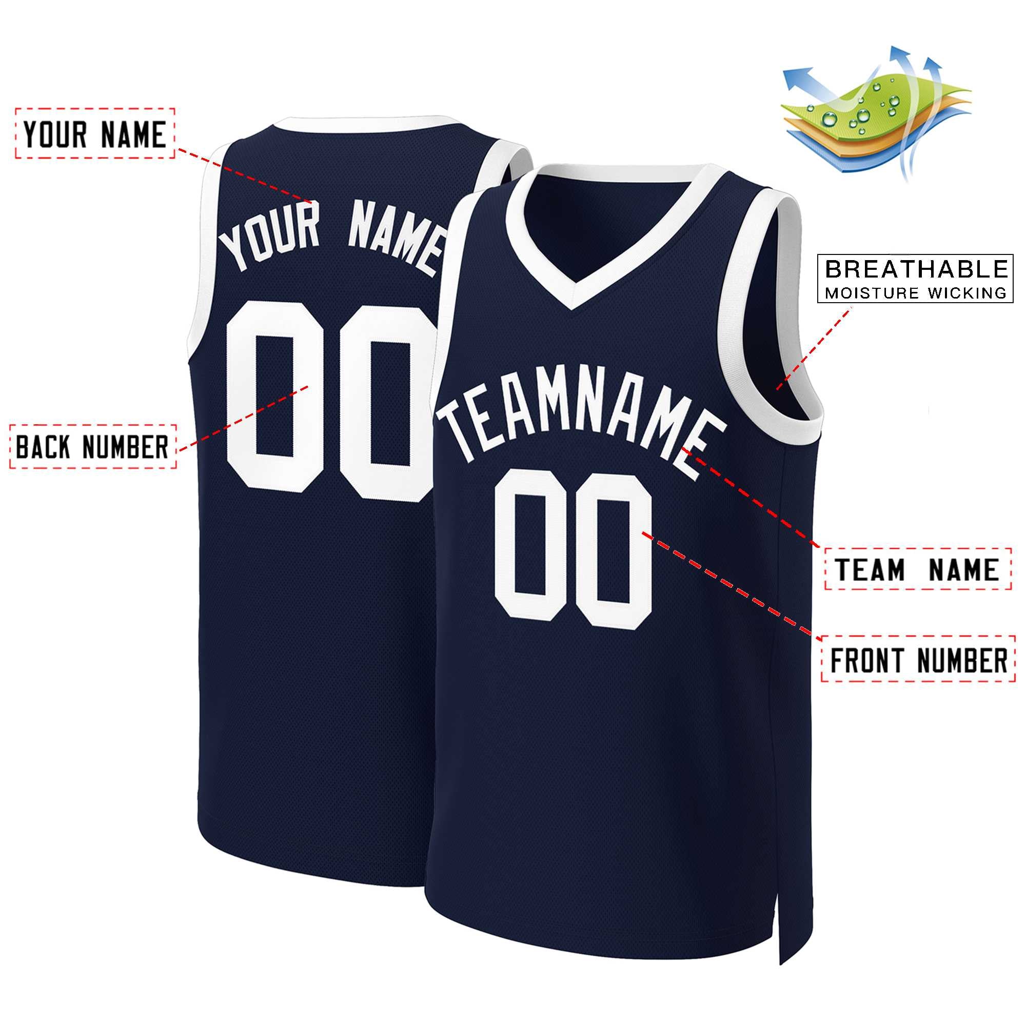 Maillot de basket-ball classique bleu marine et blanc personnalisé