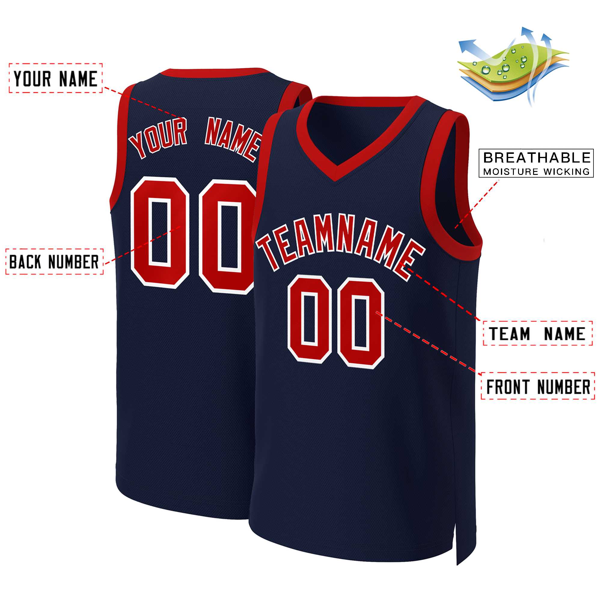 Maillot de basket-ball classique bleu marine rouge et blanc personnalisé
