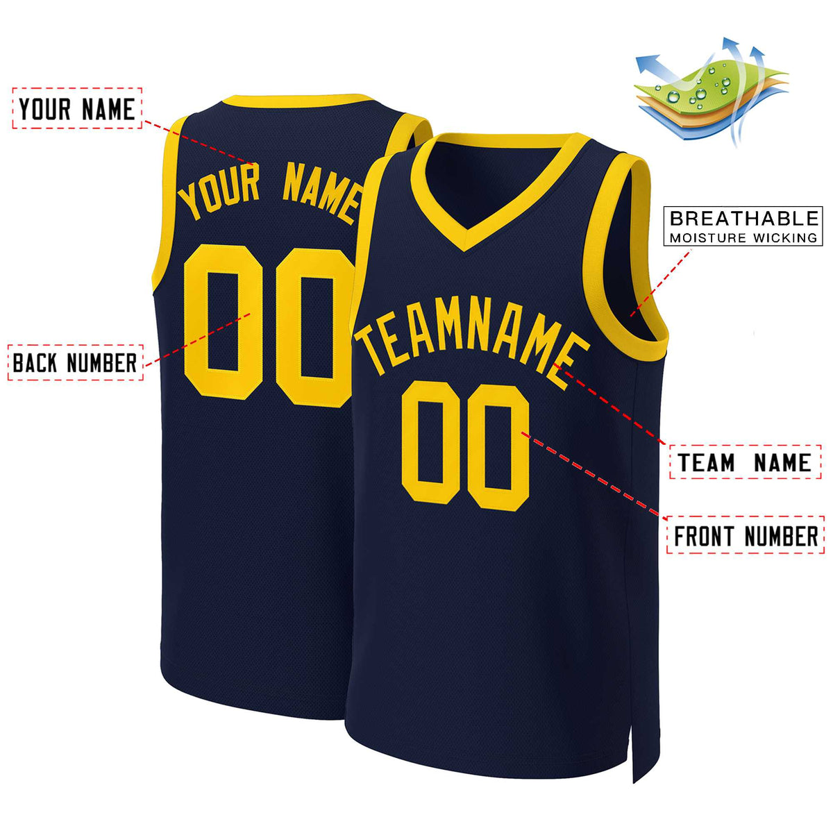 Maillot de basket-ball classique bleu marine jaune personnalisé