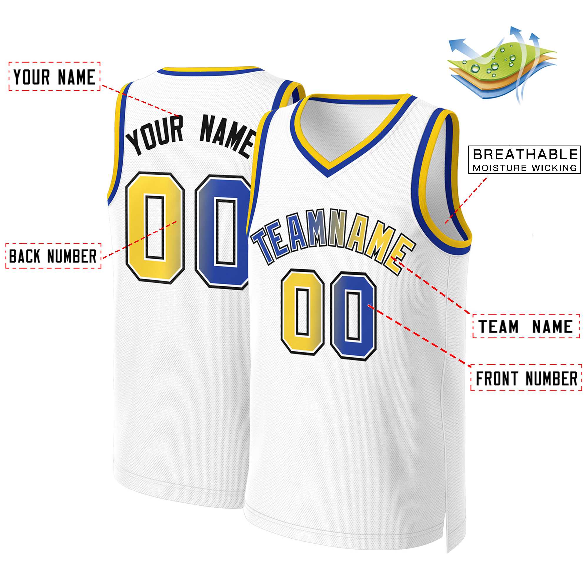 Maillot de basket-ball personnalisé blanc royal-blanc classique dégradé à la mode