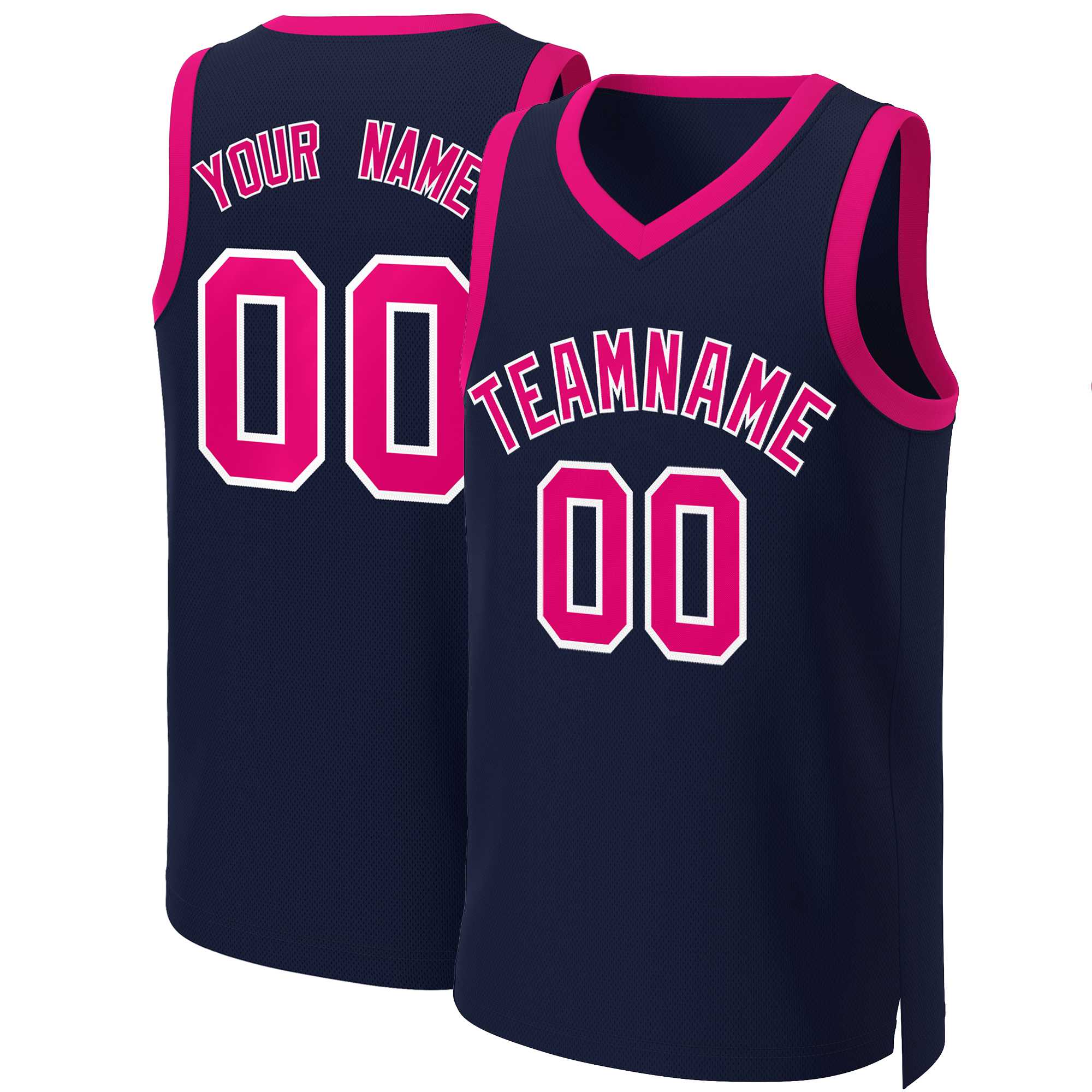 Maillot de basket-ball classique personnalisé bleu marine rose et blanc