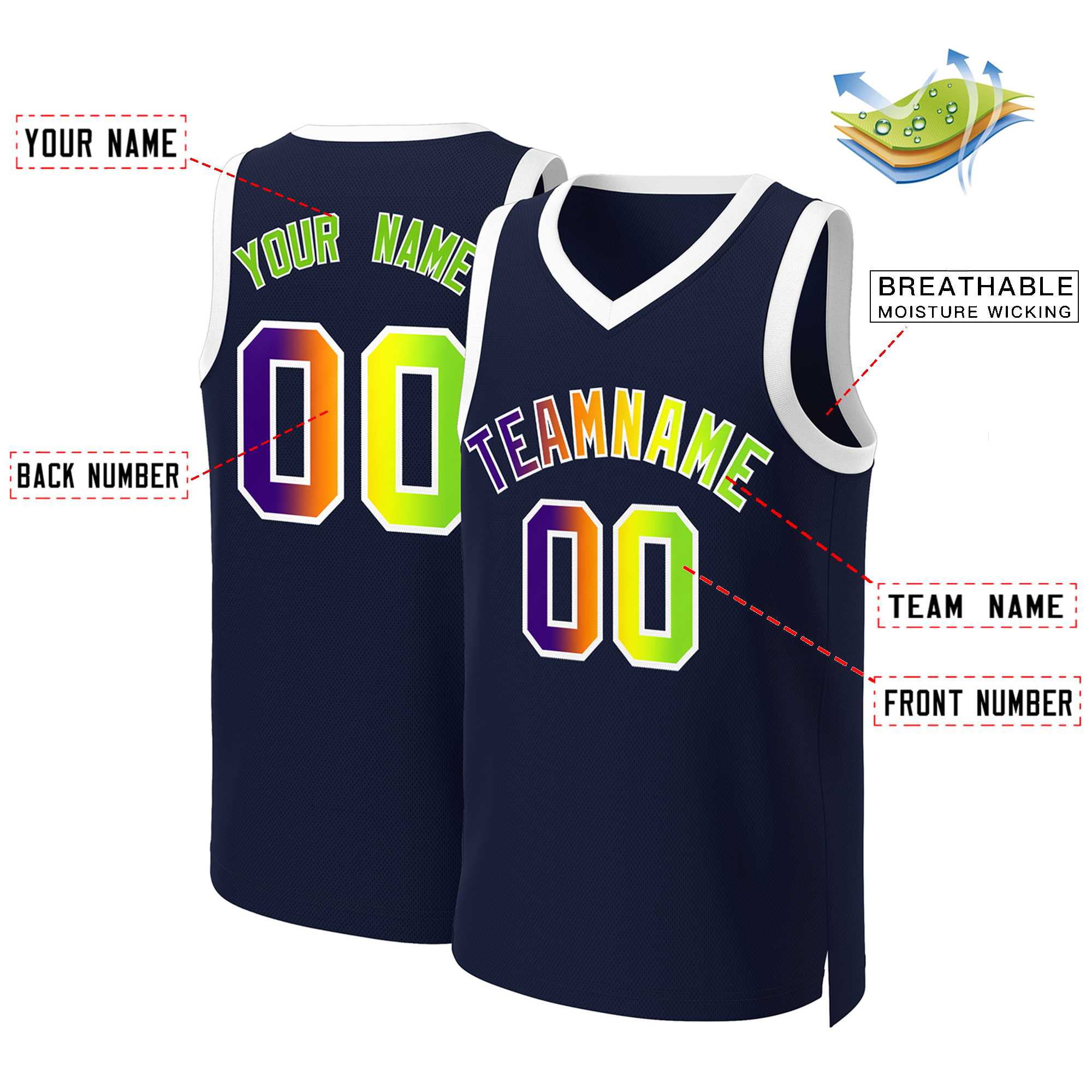 Maillot de basket-ball personnalisé bleu marine violet-blanc classique dégradé de mode