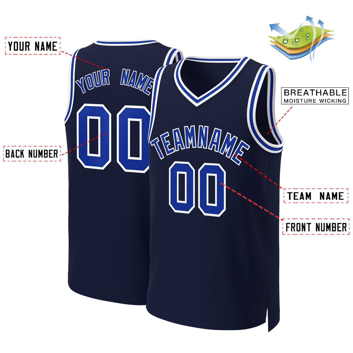Maillot de basket-ball classique bleu marine, royal et blanc personnalisé