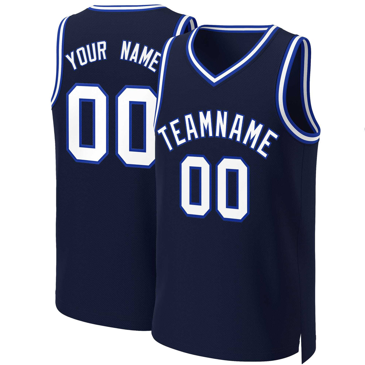 Maillot de basket-ball classique bleu marine, blanc et bleu roi personnalisé