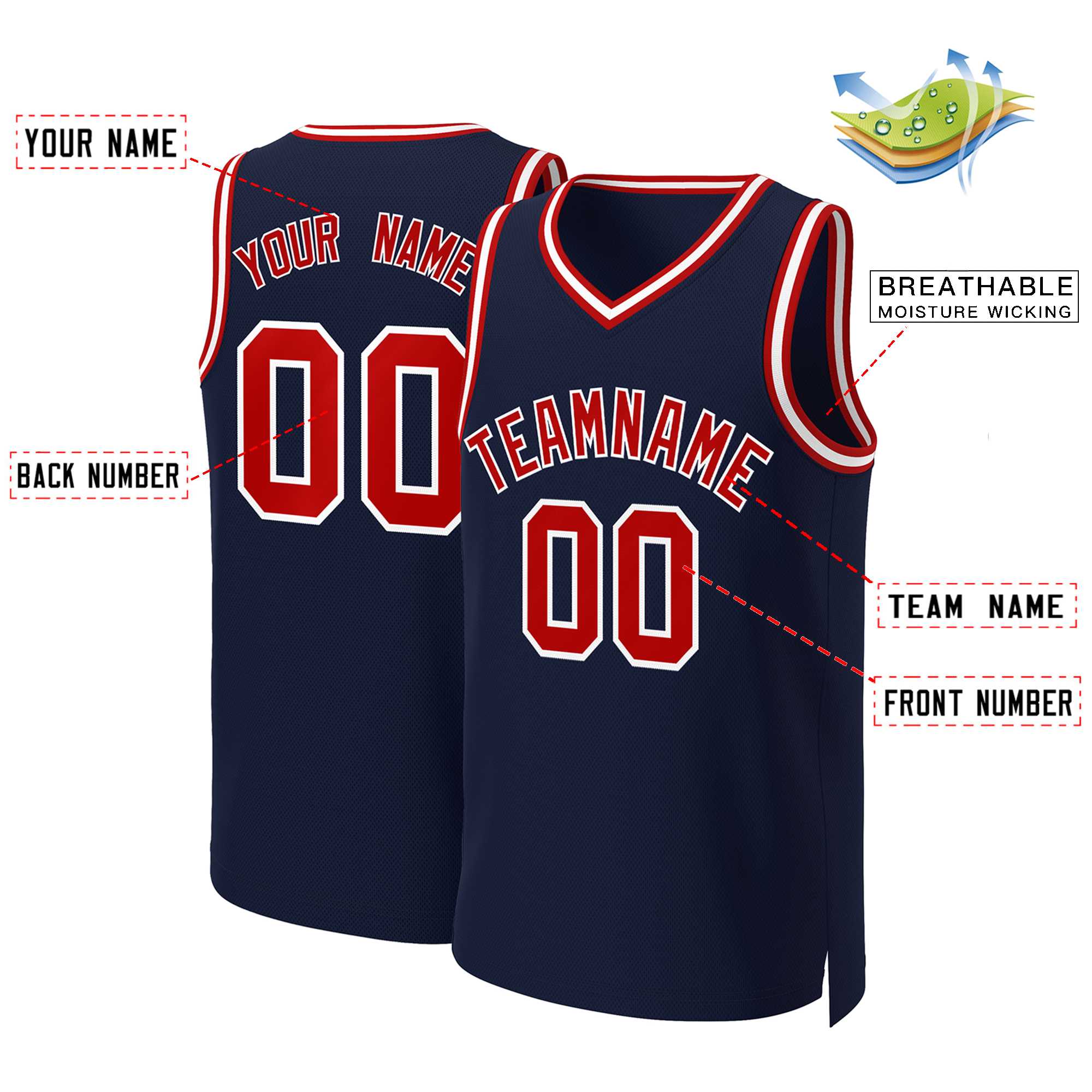 Benutzerdefinierte Marineblau Rot-Weiß Classic Tops Basketballtrikot