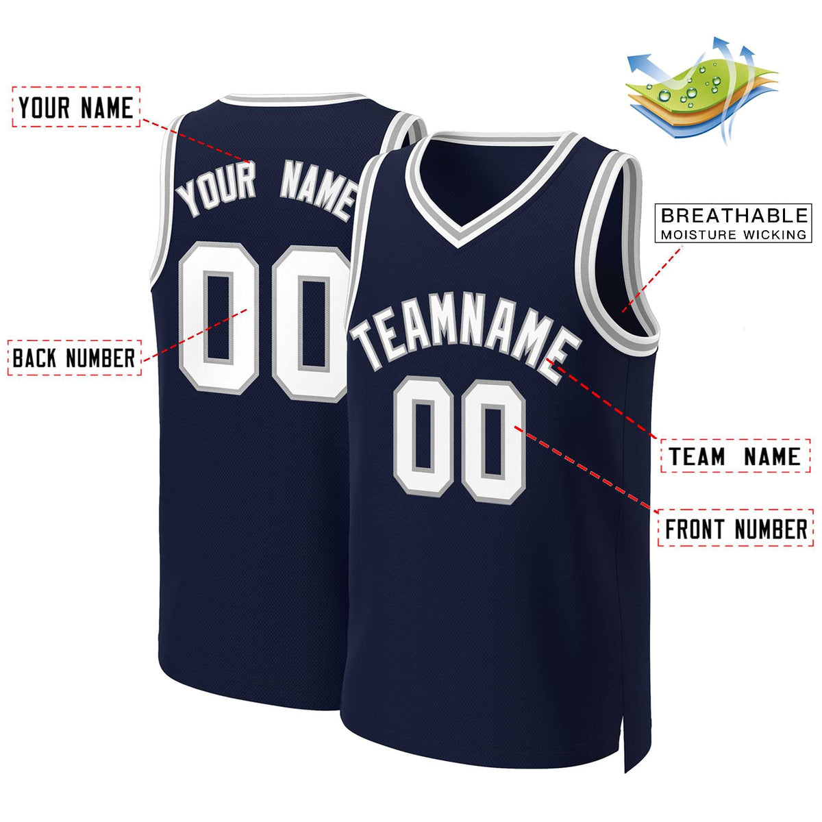 Maillot de basket-ball classique bleu marine, blanc et gris, personnalisé