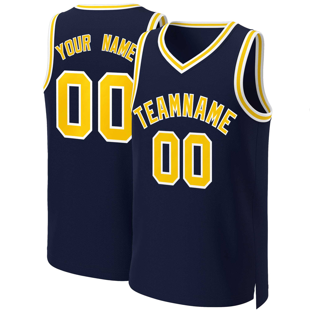 Maillot de basket-ball classique bleu marine jaune et blanc personnalisé