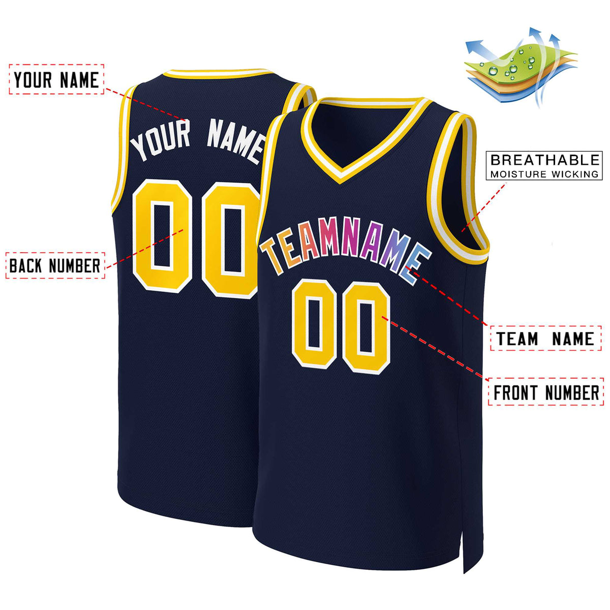 Maillot de basket-ball personnalisé bleu marine jaune-blanc classique dégradé de mode